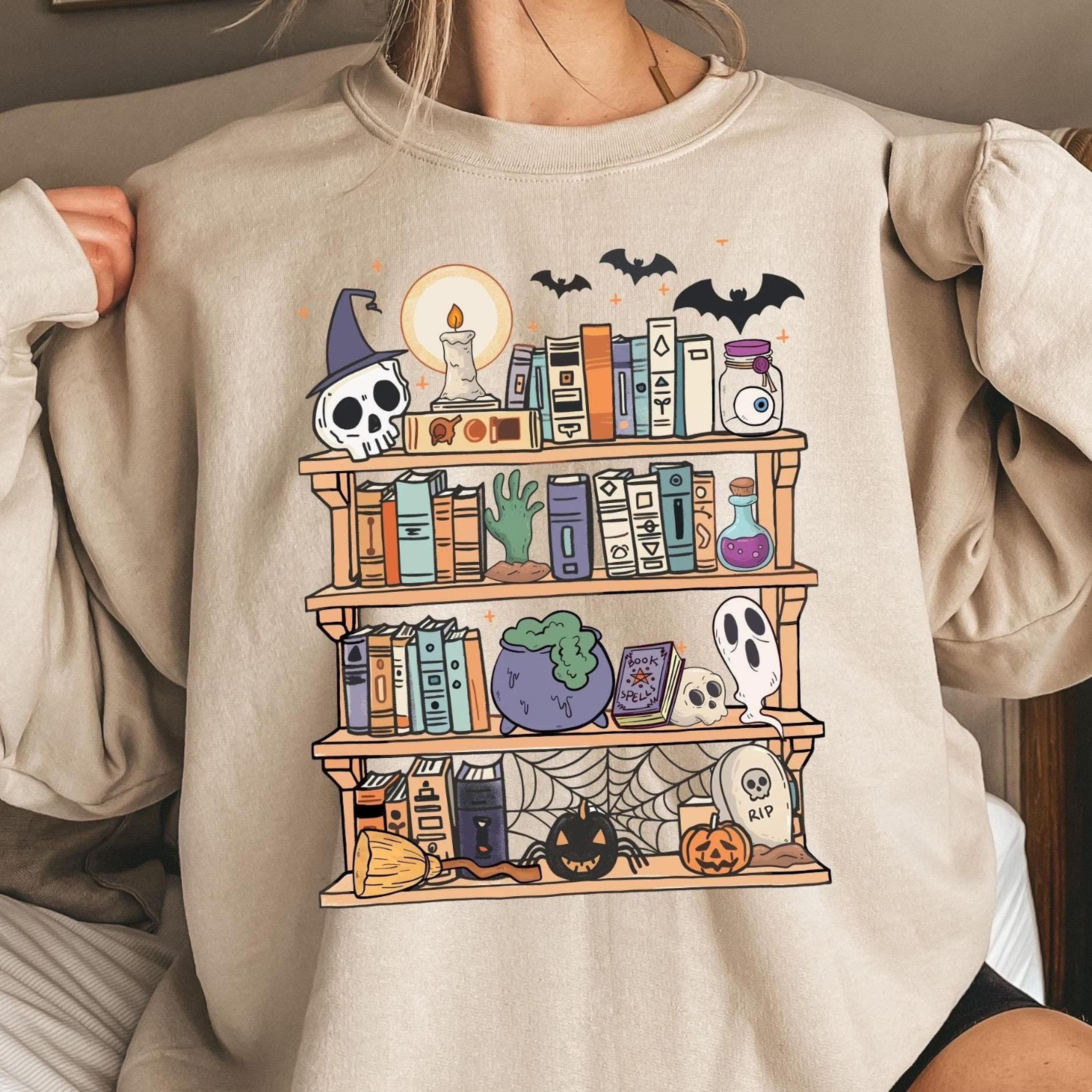 halloween retro ghosts reading books sweatshirt, teacher librarian halloween gift, spooky season trendy shirt, halloween