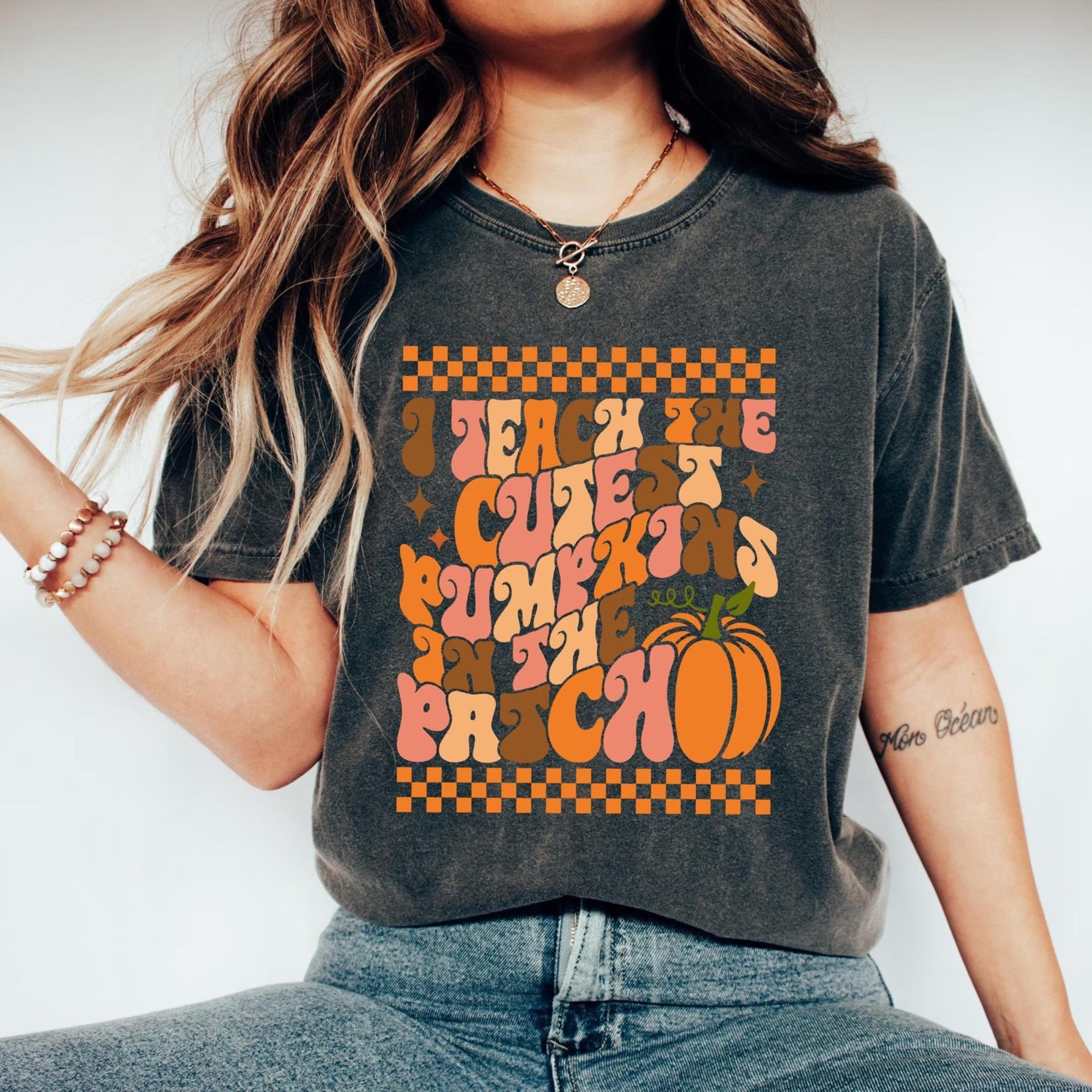 floral pumpkin teacher shirt, boho fall pumpkin teacher tshirt, retro halloween teacher shirts