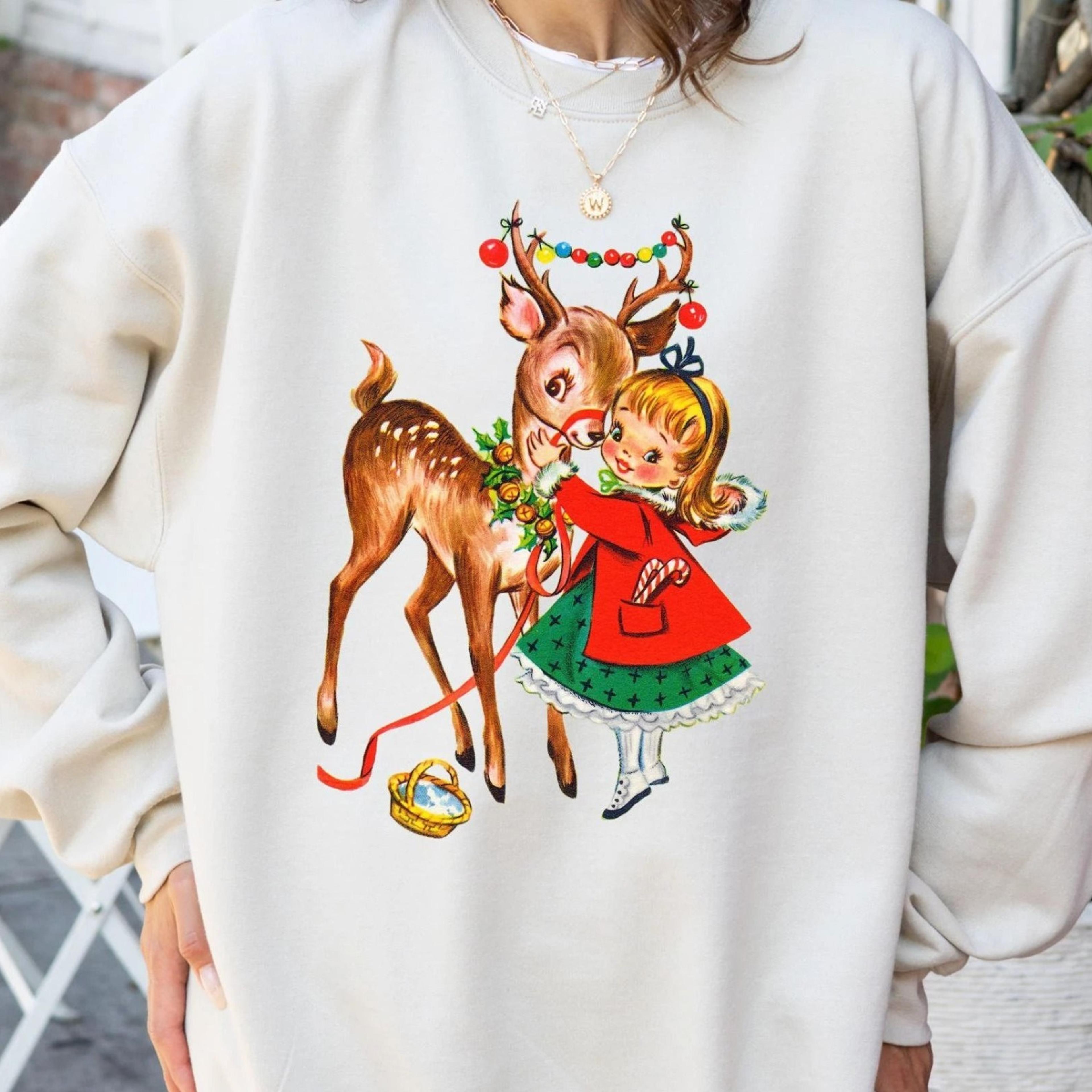 retro christmas girl and reindeer shirt, comfort christmas shirt, retro 90ss christmas sweater, christmas tree