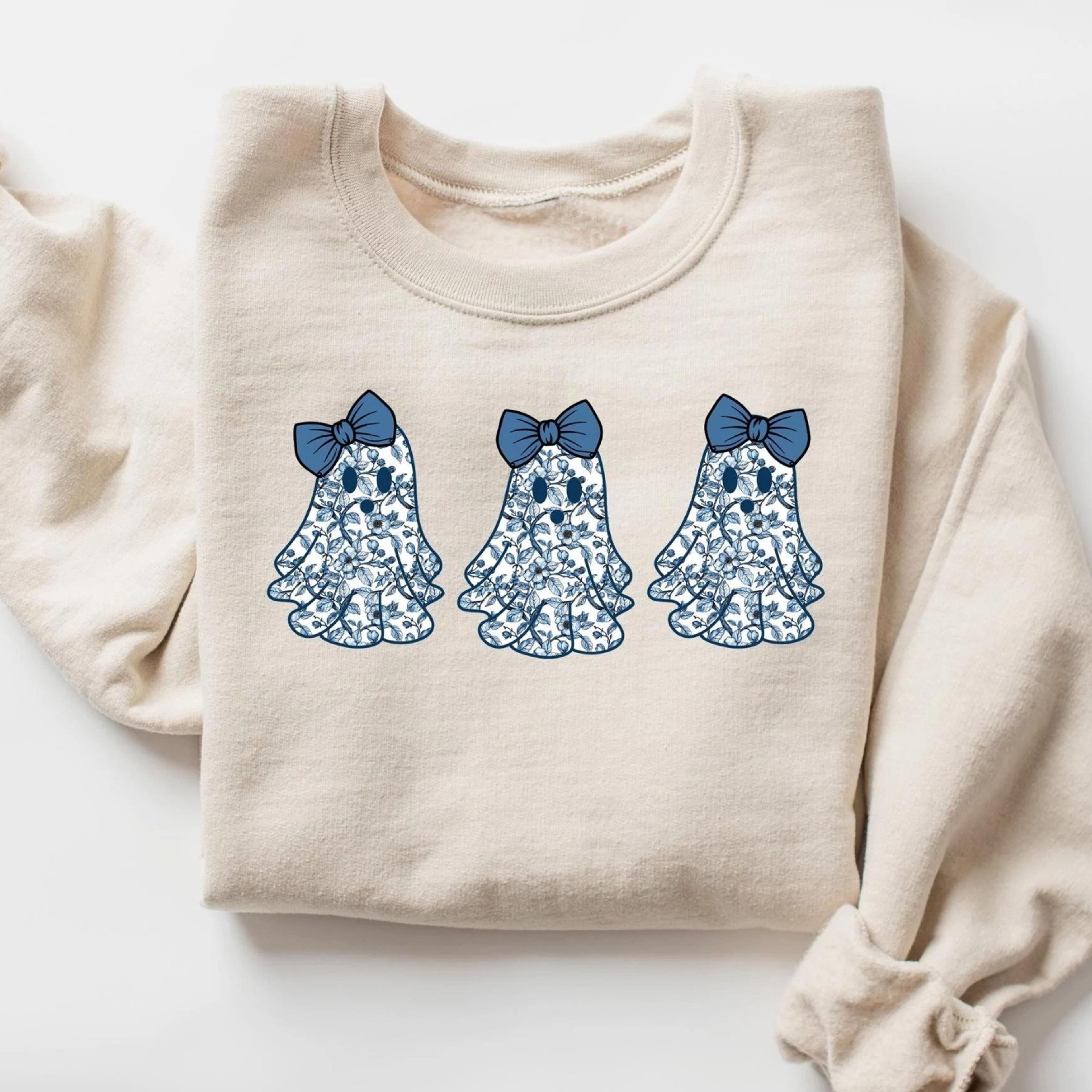 cute blue toile boujee ghost sweatshirt, coquette blue floral halloween bow ghost shirt, halloween gifts, girly feminine