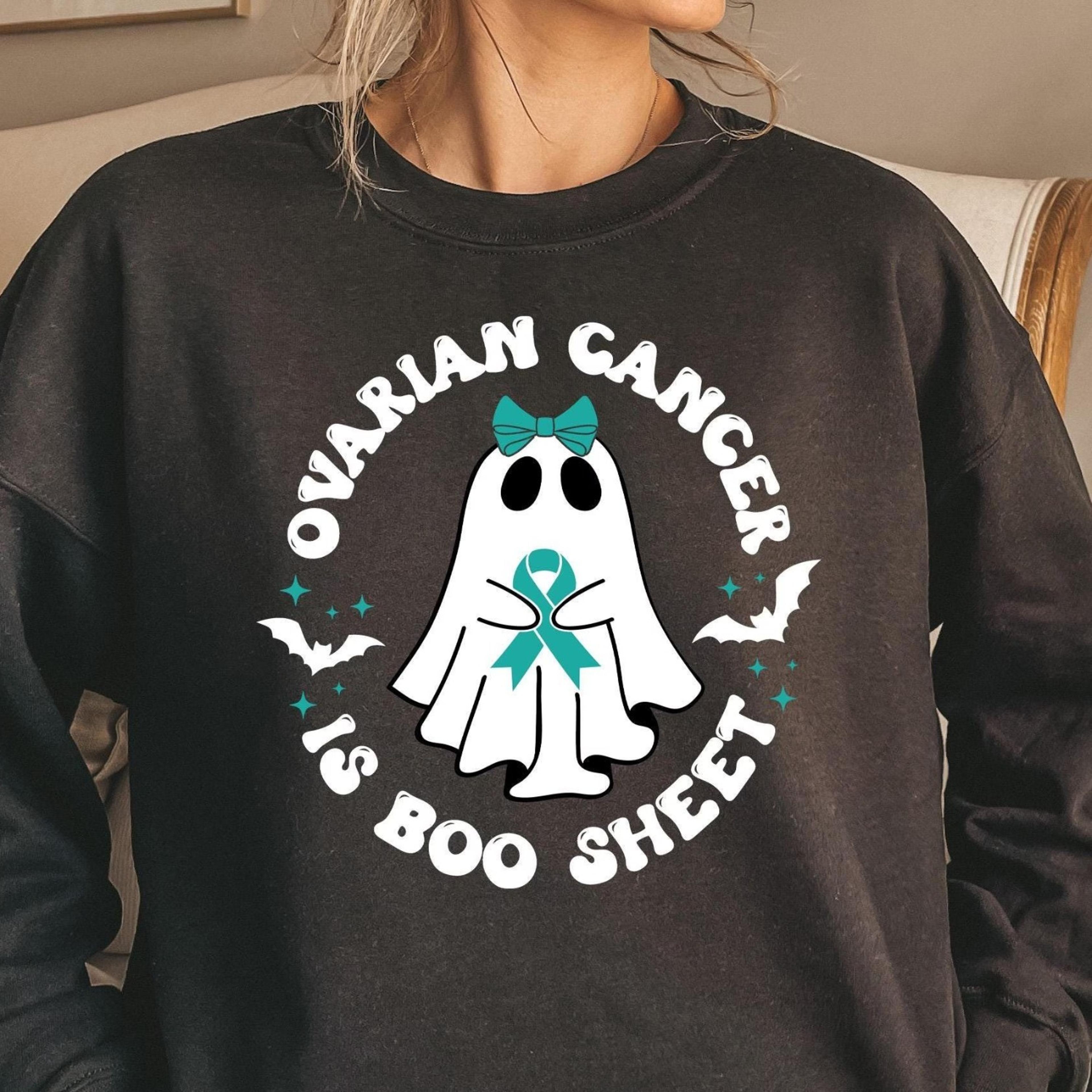 ovarian cancer is boo sheet sweatshirt, back on my boo-shit shirt, ghost ribbon ovarian cancer awareness shirt, halloeen