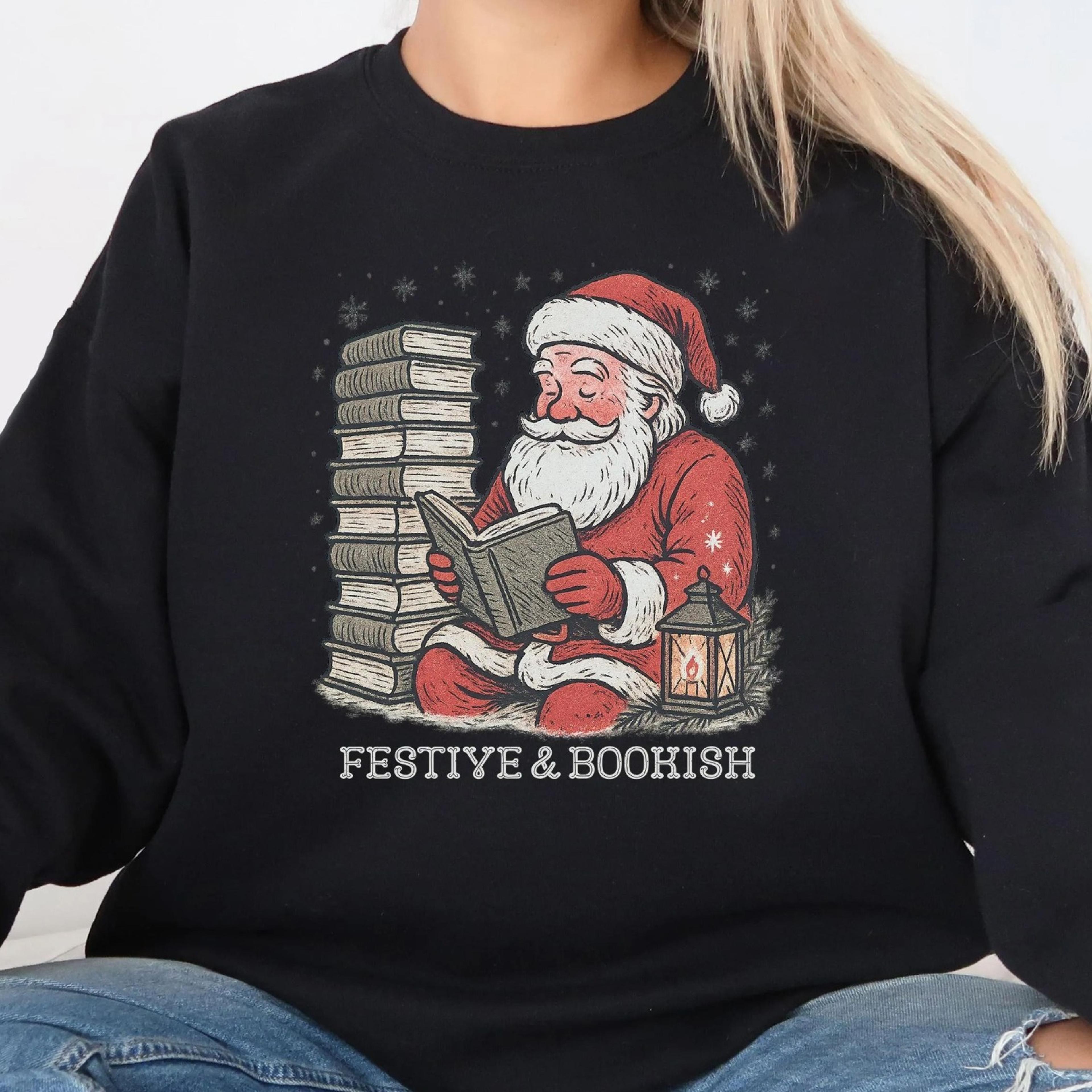 festive & bookish shirt and sweatshirt christmas gift for book lover funny reading graphic tee top, bookworm christmas
