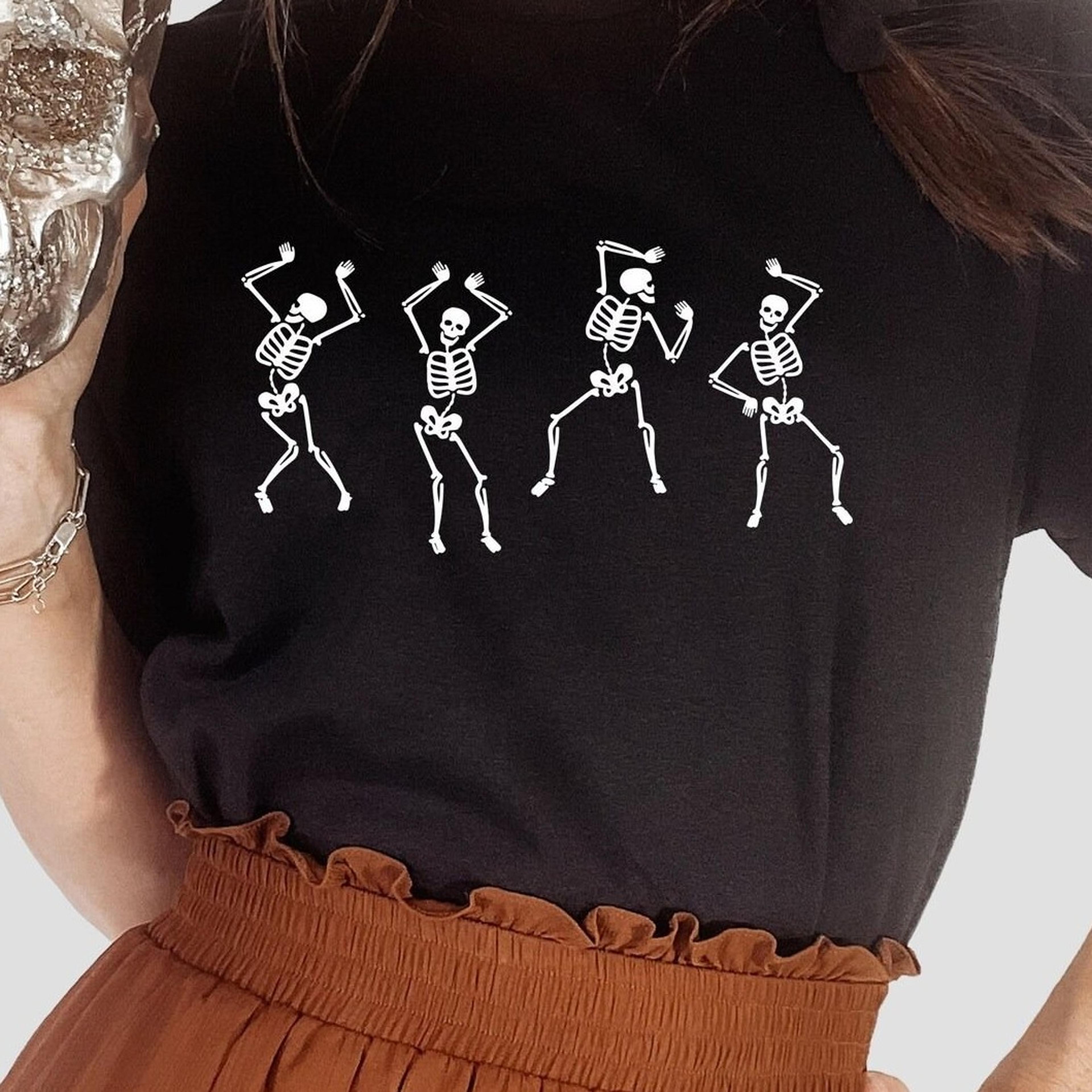 halloween shirt, dancing skeleton tshirt, cool women's men's t-shirts, goth gothic graphic tees