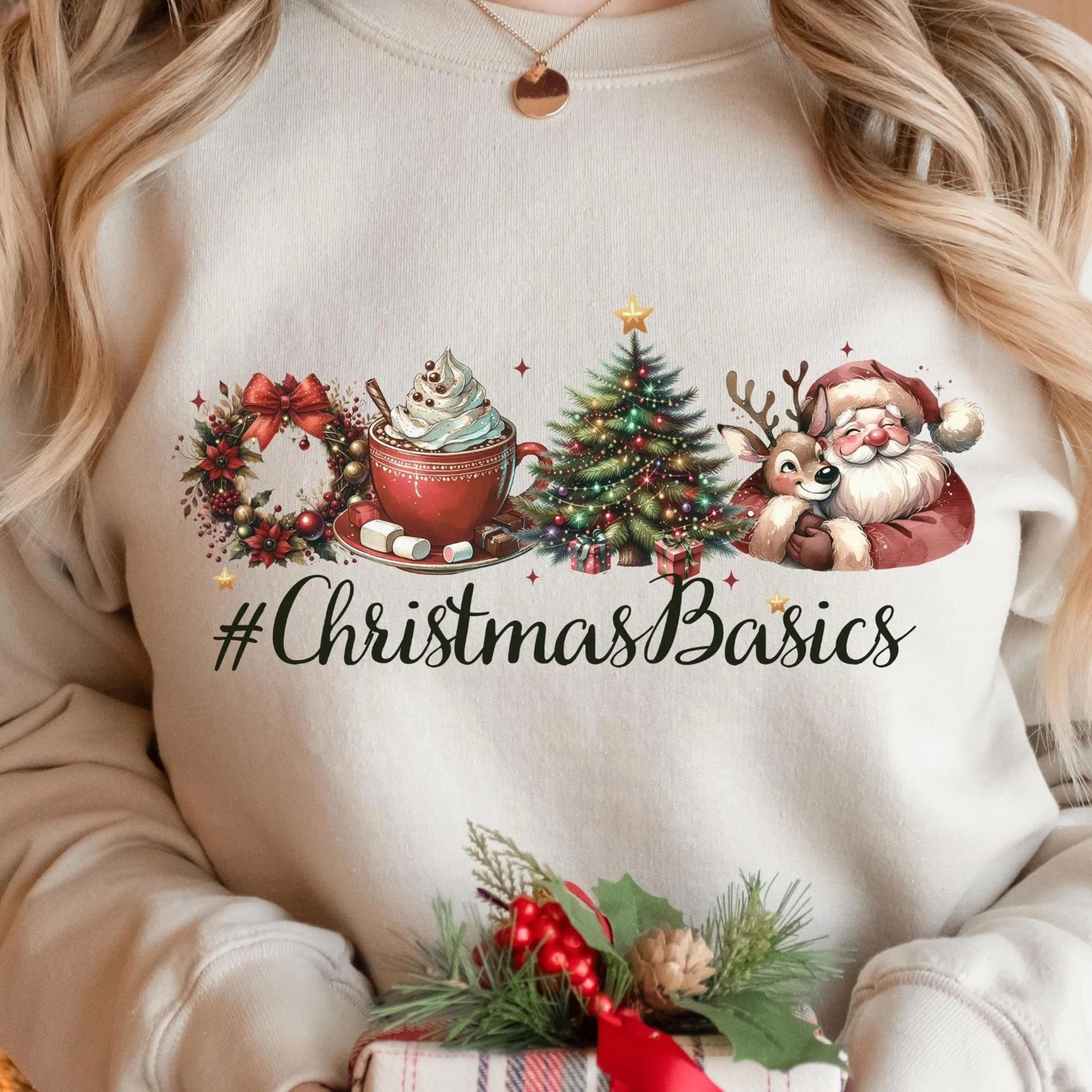 vintage christmas graphic sweatshirt santa, tree, coffee