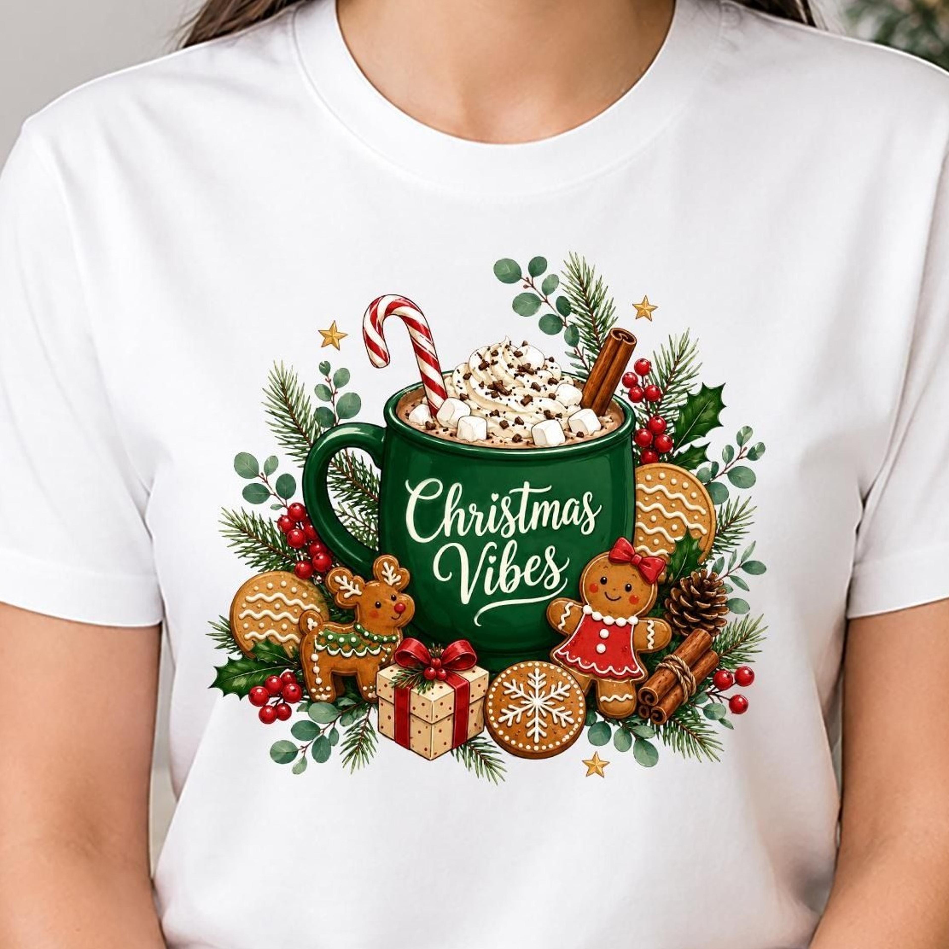 christmas vibes shirt, hot cocoa christmas shirt, gingerbread cookie xmas shirt, festive holiday graphic tee