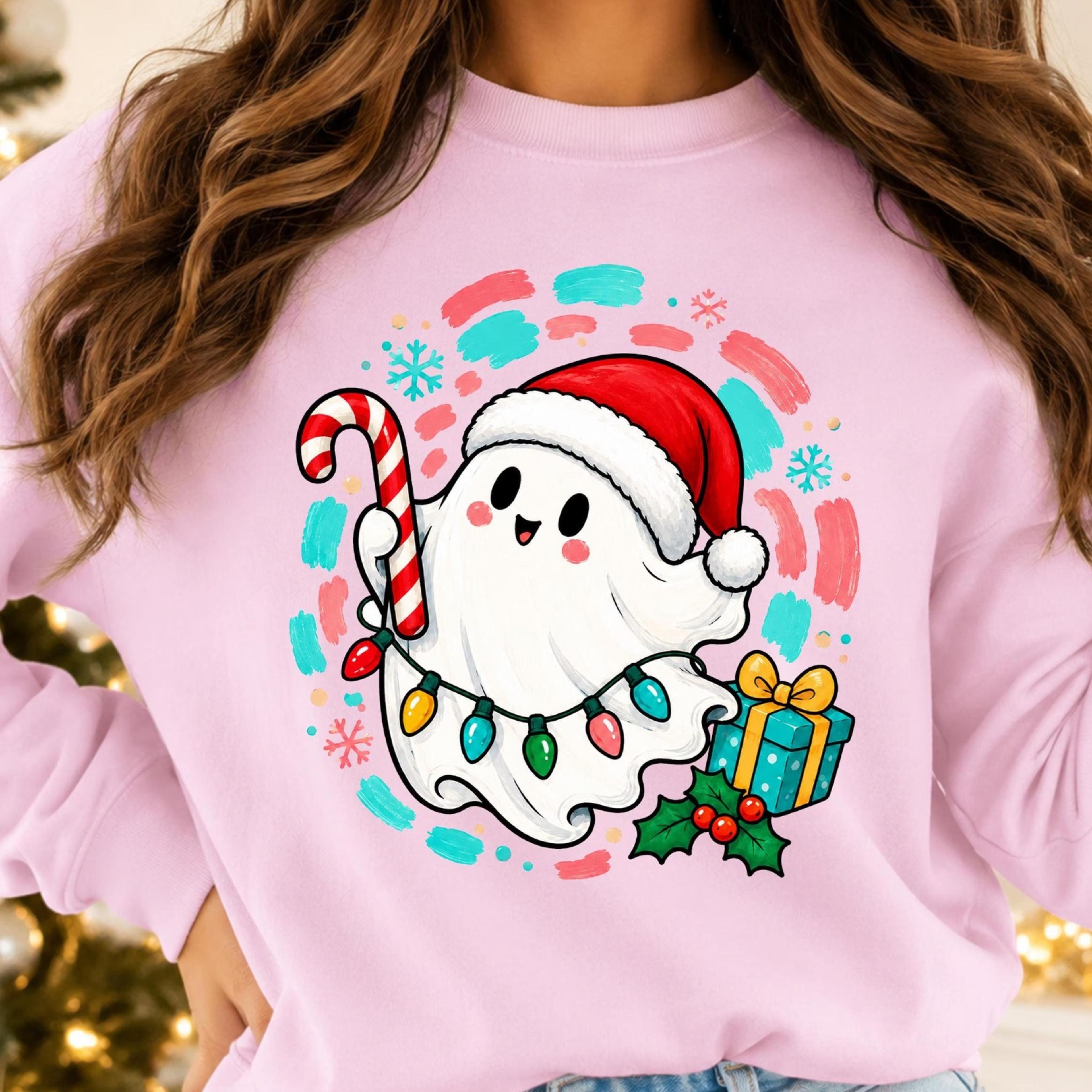 christmas ghost sweatshirt, coquette bow ghost crewneck, santa ghost holiday sweater