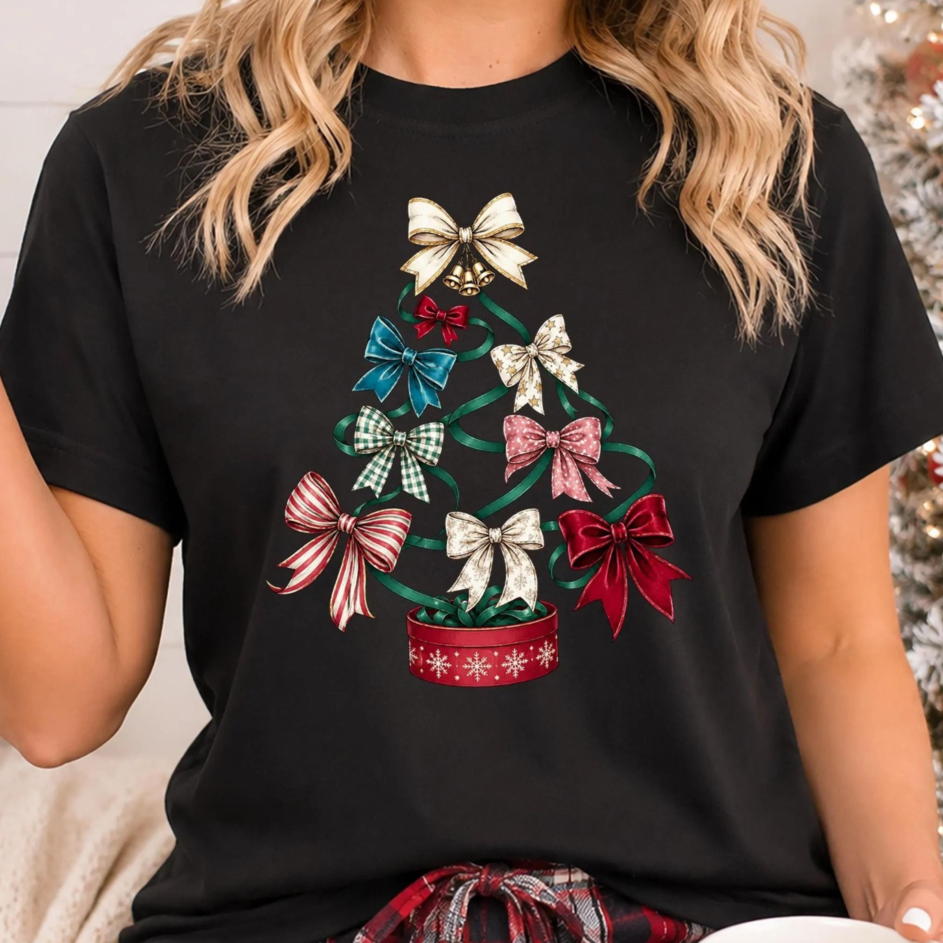 coquette christmas shirt, bow christmas tree shirt, colorful bow graphic shirt, cute xmas holiday shirt, festive womens