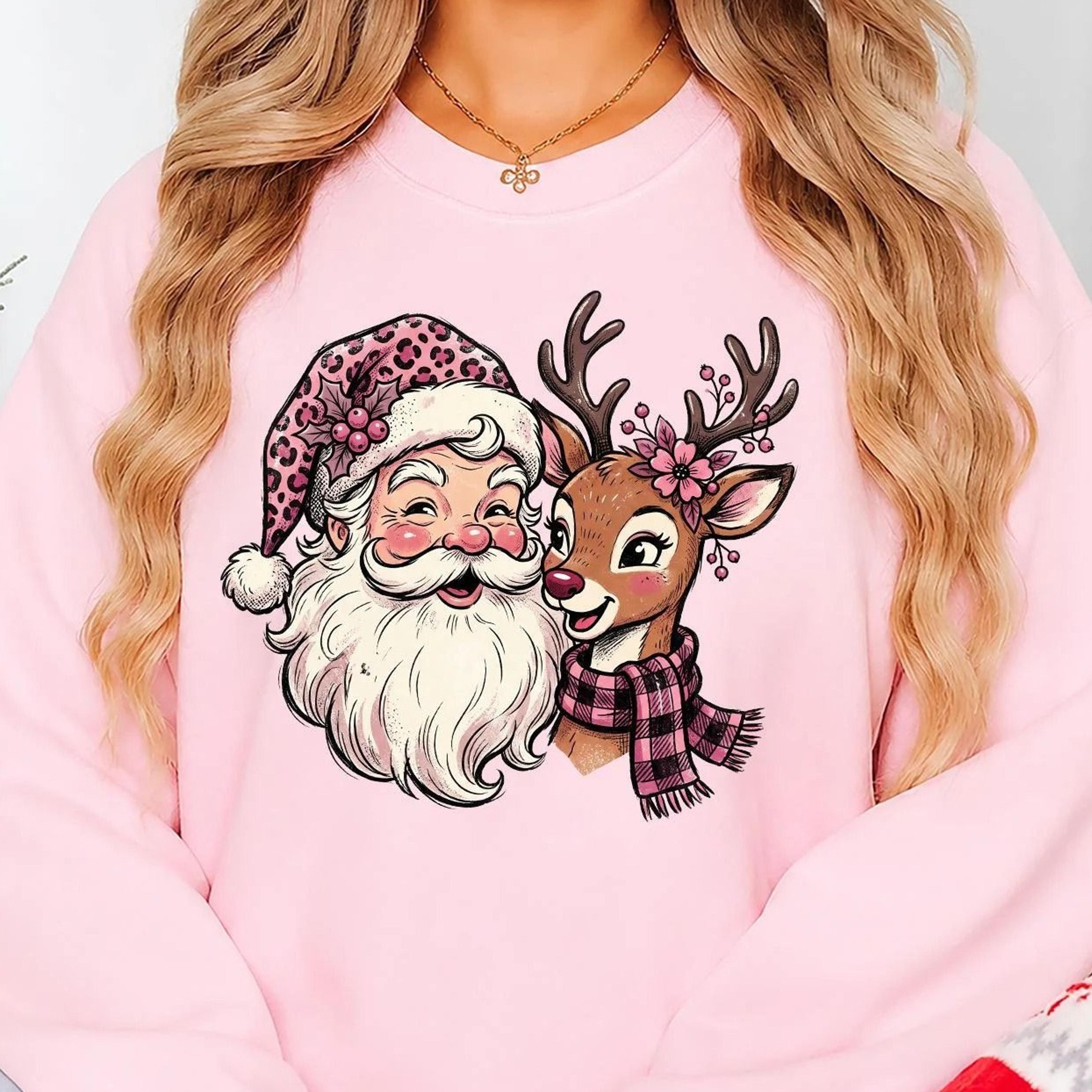 pink santa reindeer christmas sweatshirt, retro santa xmas sweater, cute holiday crewneck, womens xmas sweatshirt