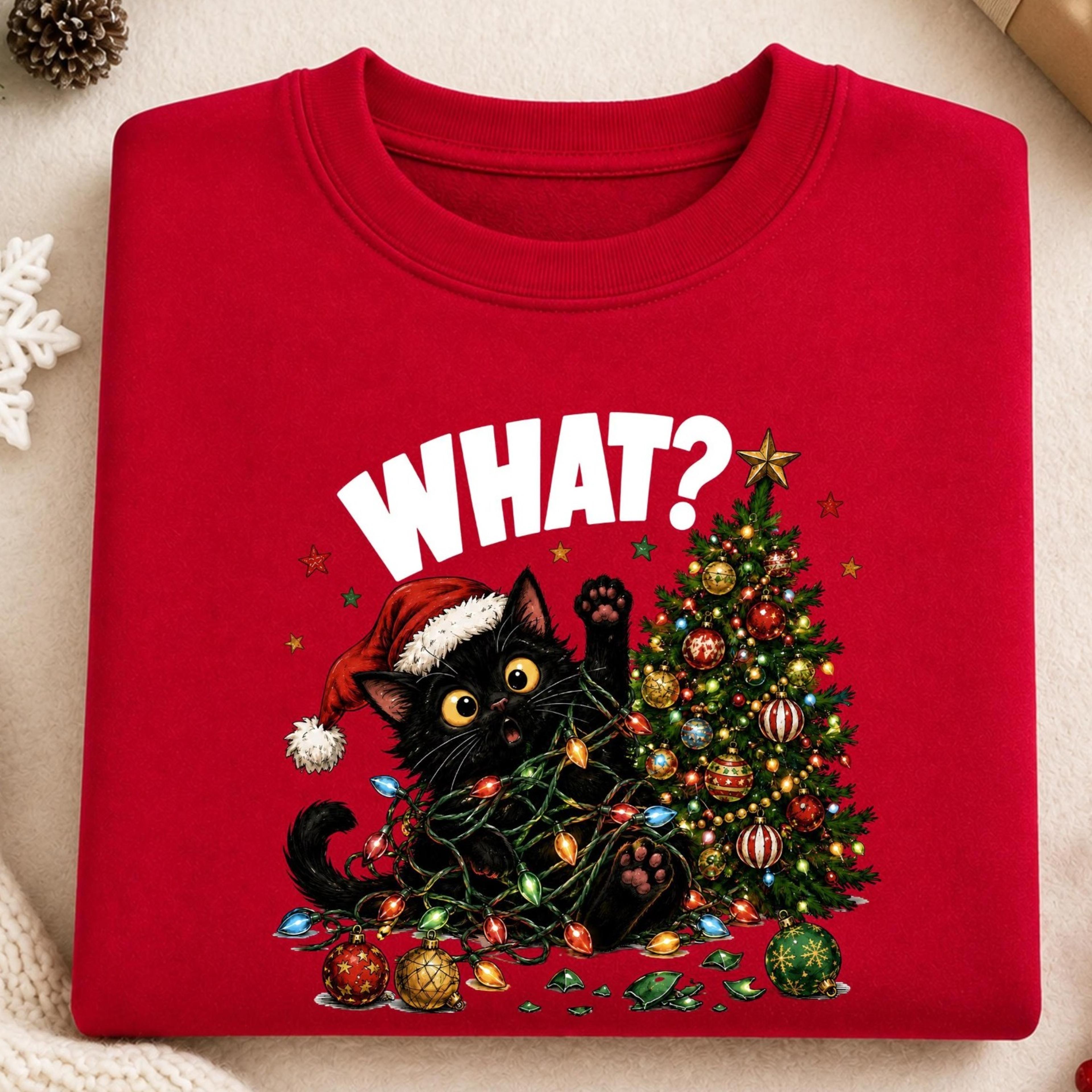 funny christmas cat sweatshirt, black cat christmas sweater, cat christmas tree lights crewneck, merry christmas sweater