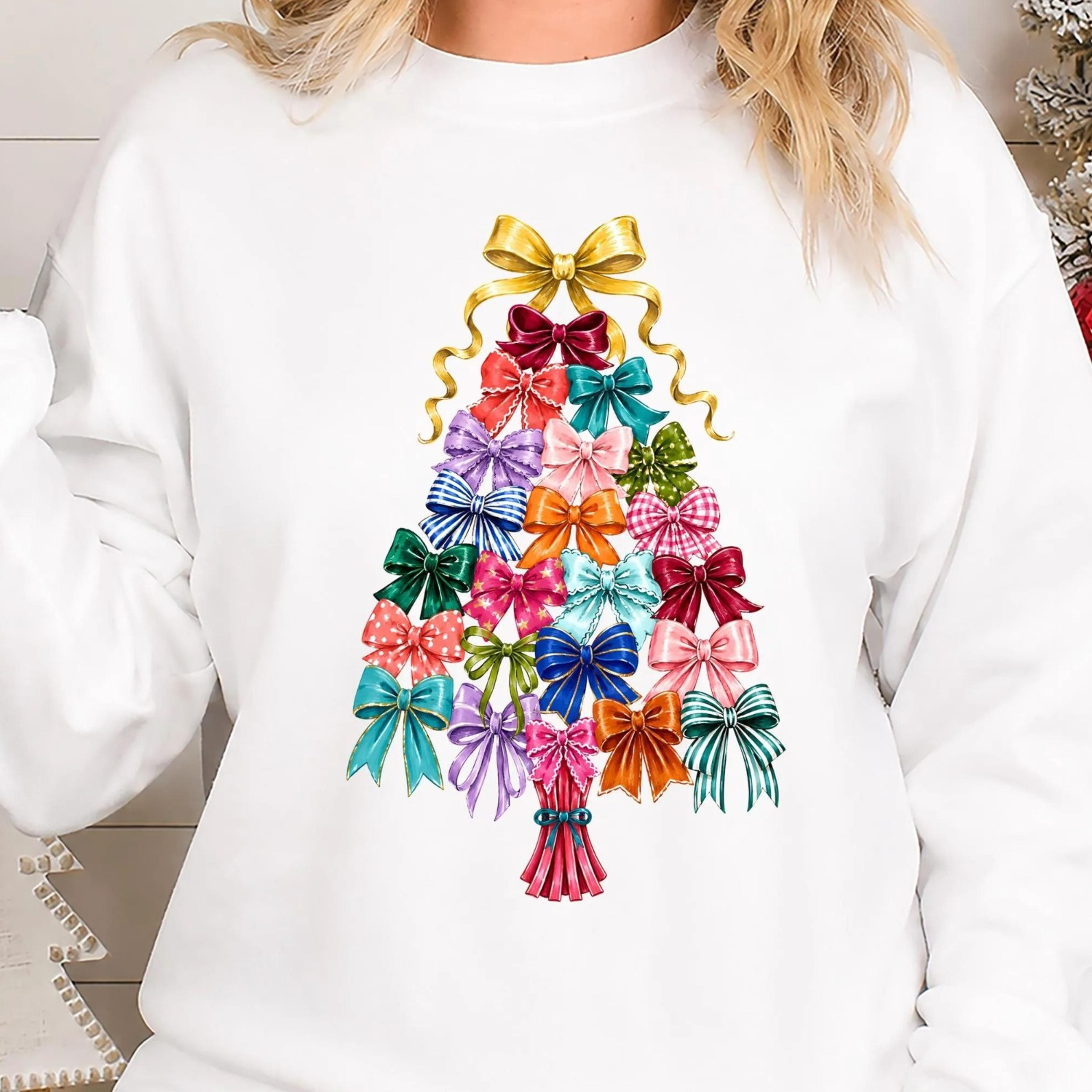 coquette christmas tree sweatshirt, colorful ribbon bow tree crewneck, festive holiday sweater