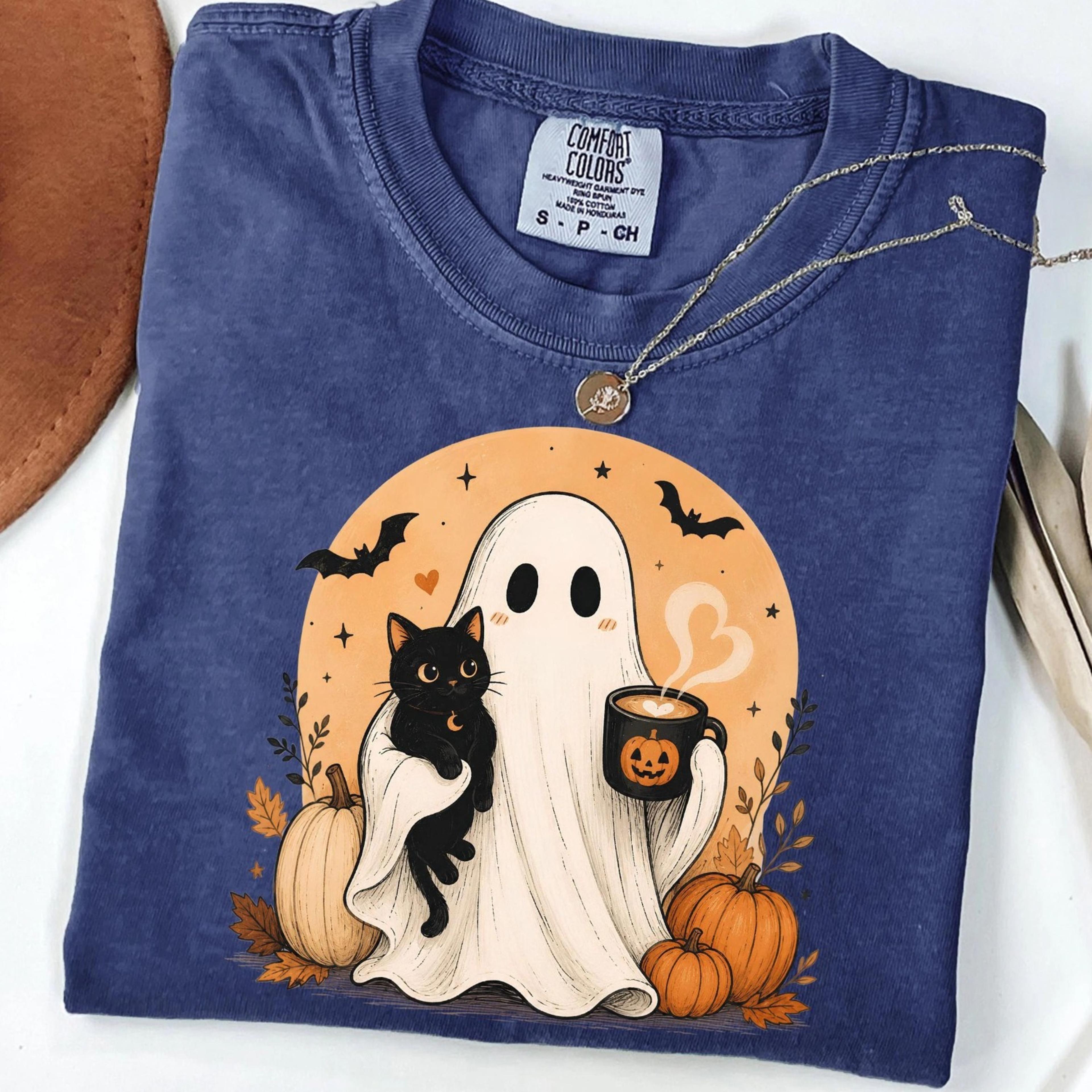 cute fall ghost cat t-shirt, pumpkin spice coffee shirt, cozy autumn tee, cute thanksgiving ghost shirt