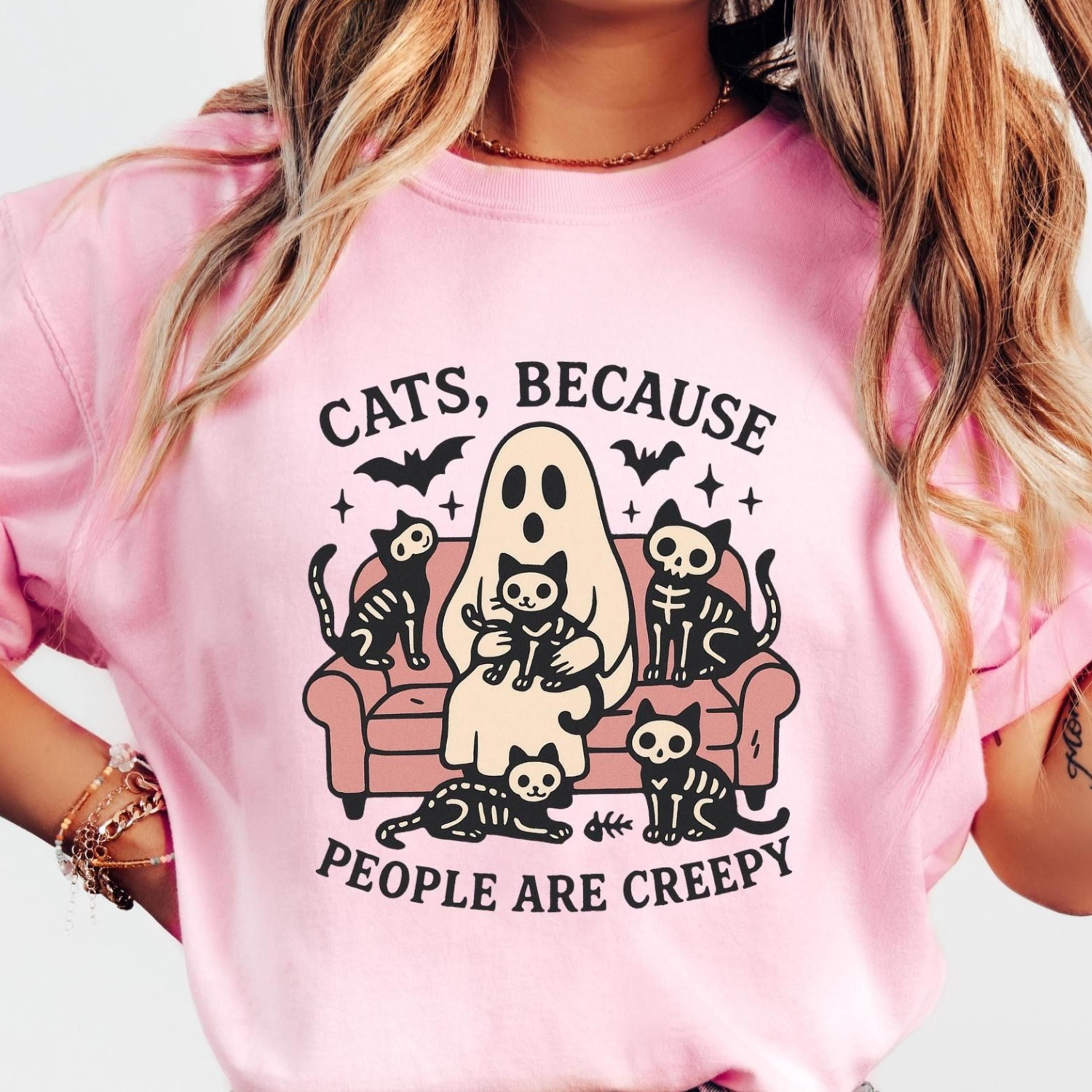 cats because people are creepy shirt, cats lover t-shirt, cute ghost and cats halloween shirt, spooky shirt