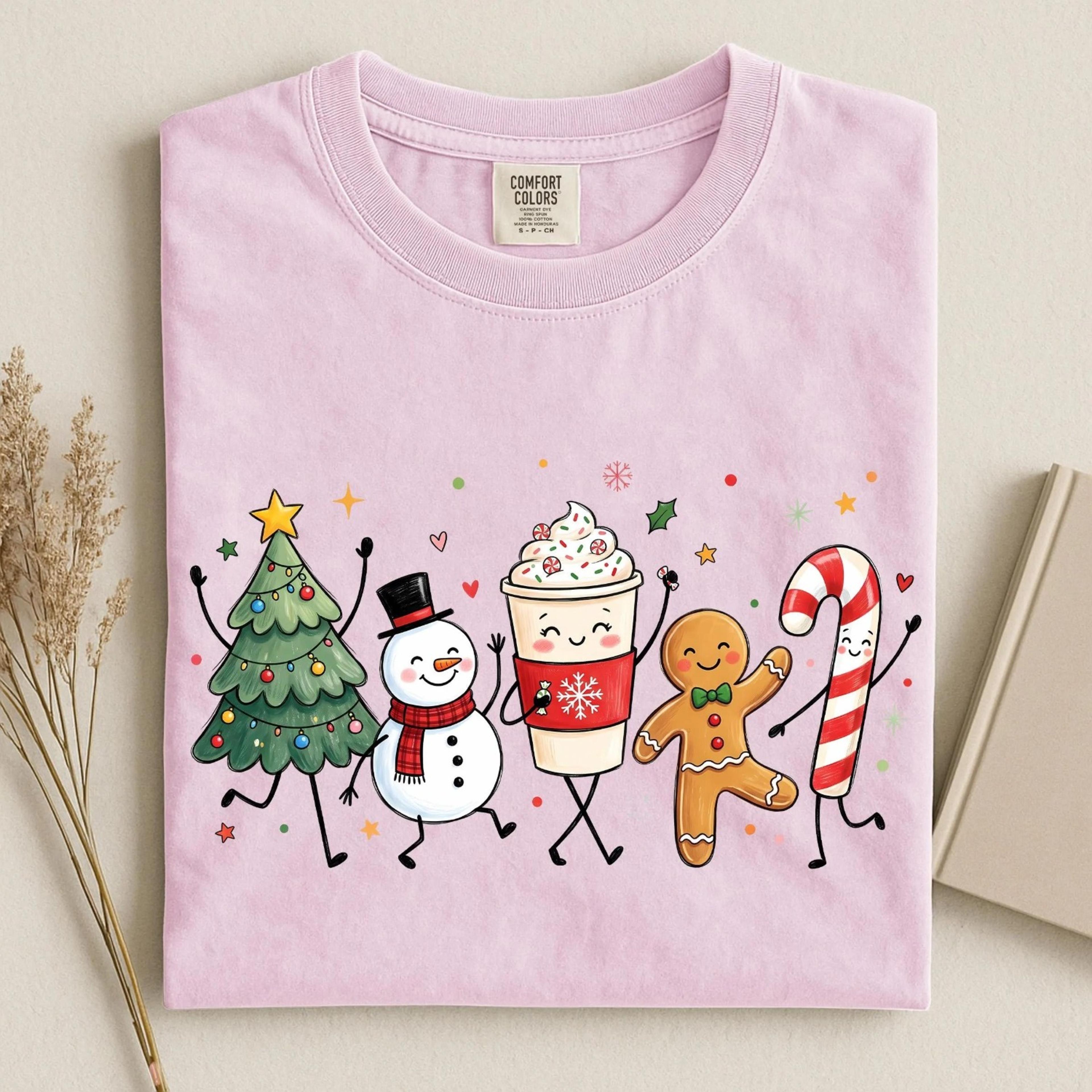 christmas doodles t-shirt, snowman gingerbread candy cane tree cartoon apparel festive holiday outfit, seasonal style