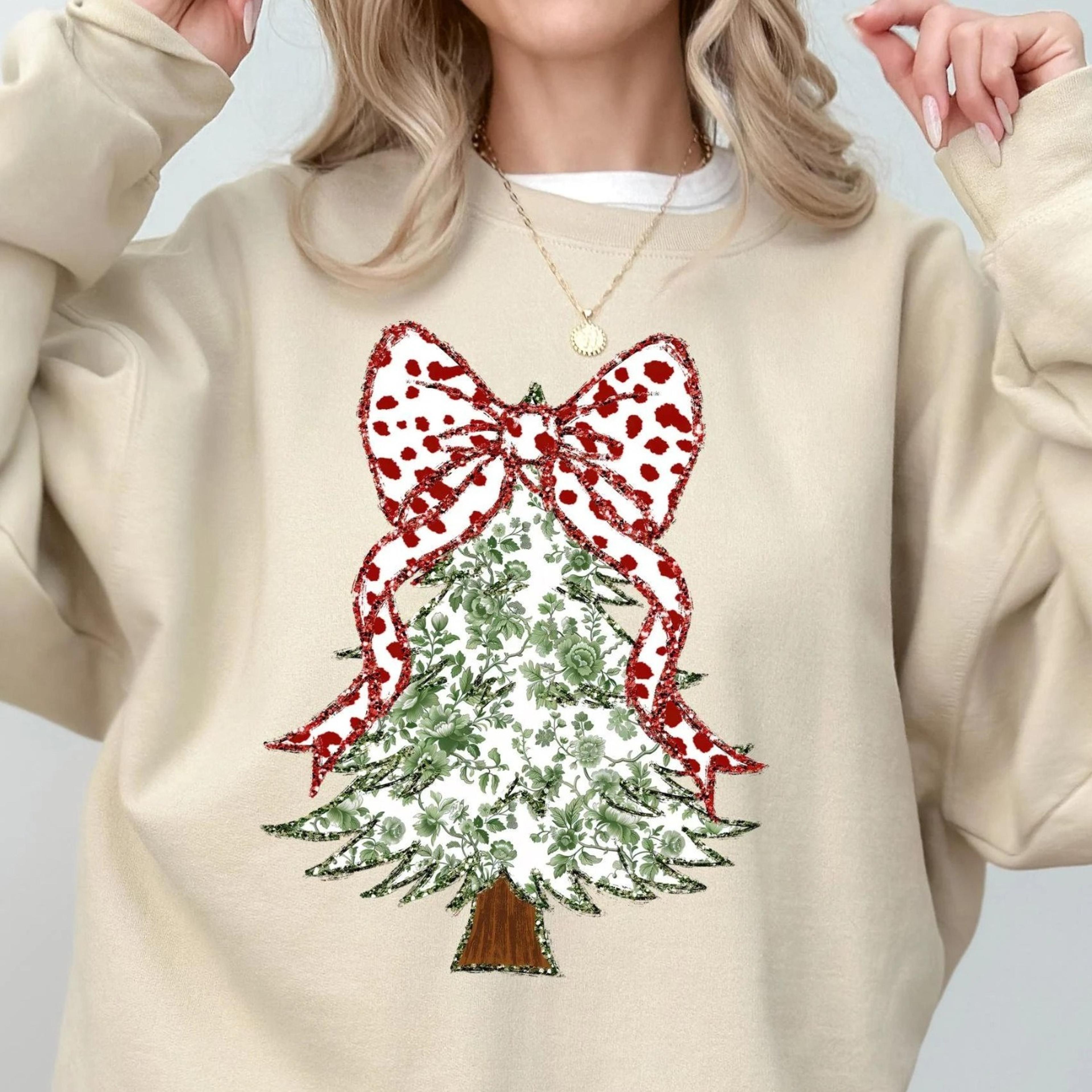 christmas tree bow shirt, christmas sweatshirt for women, toile christmas tree tshirt, christmas coquette sweater