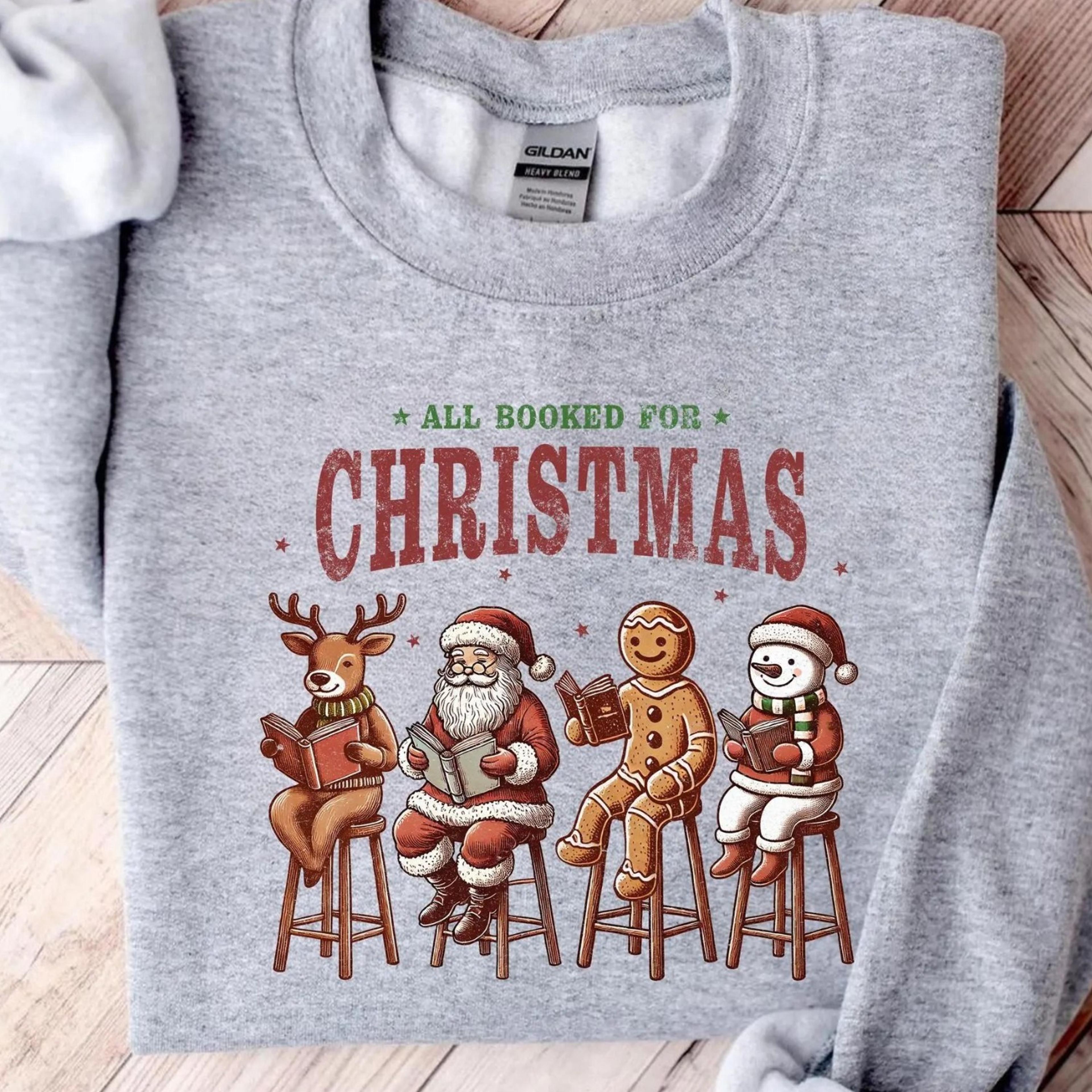 all booked for christmas sweatshirt, funny holiday reading shirt, santa and gingerbread book lover xmas sweater