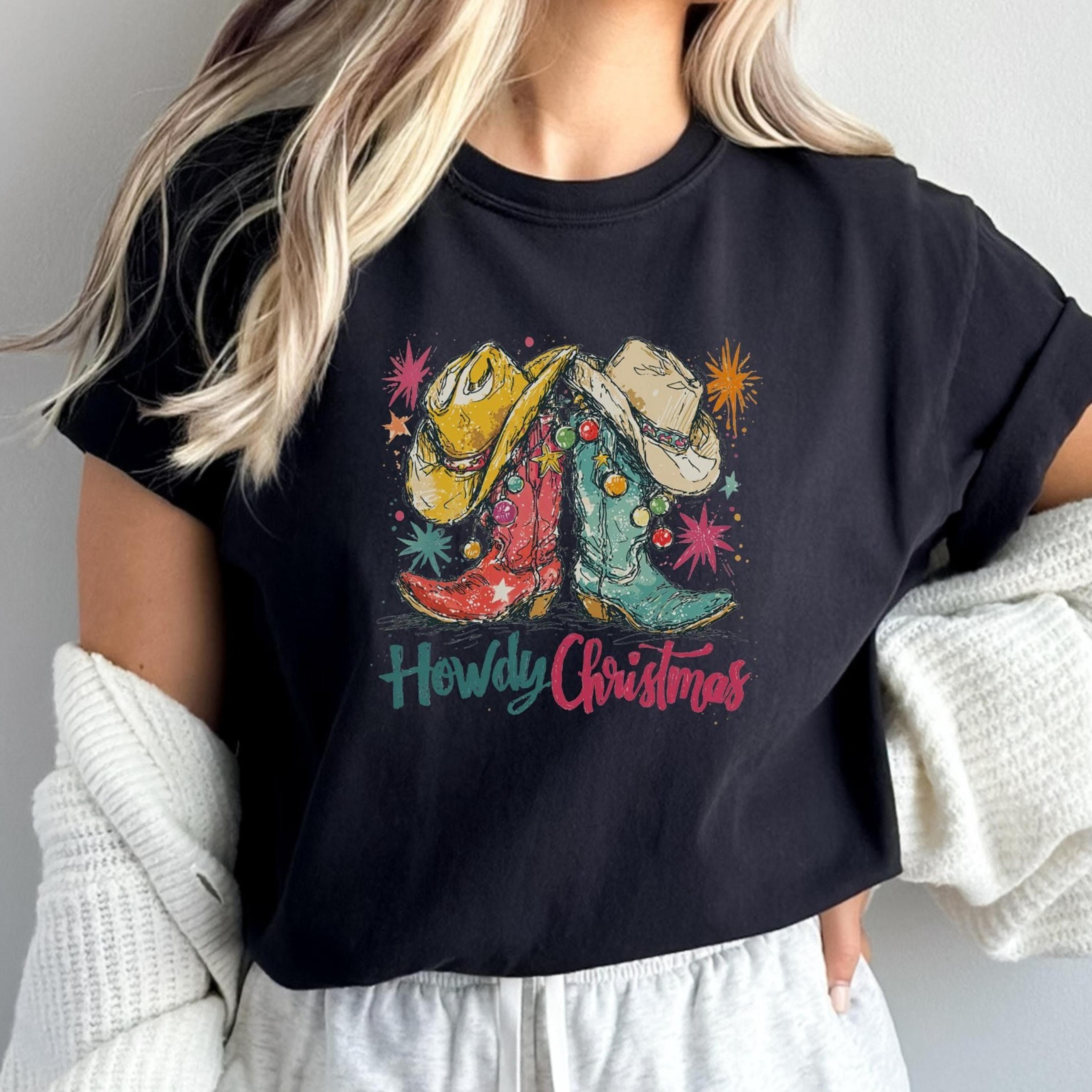 howdy christmas sweatshirt, western cowboy boots holiday shirt, country xmas , christmas boots sweater