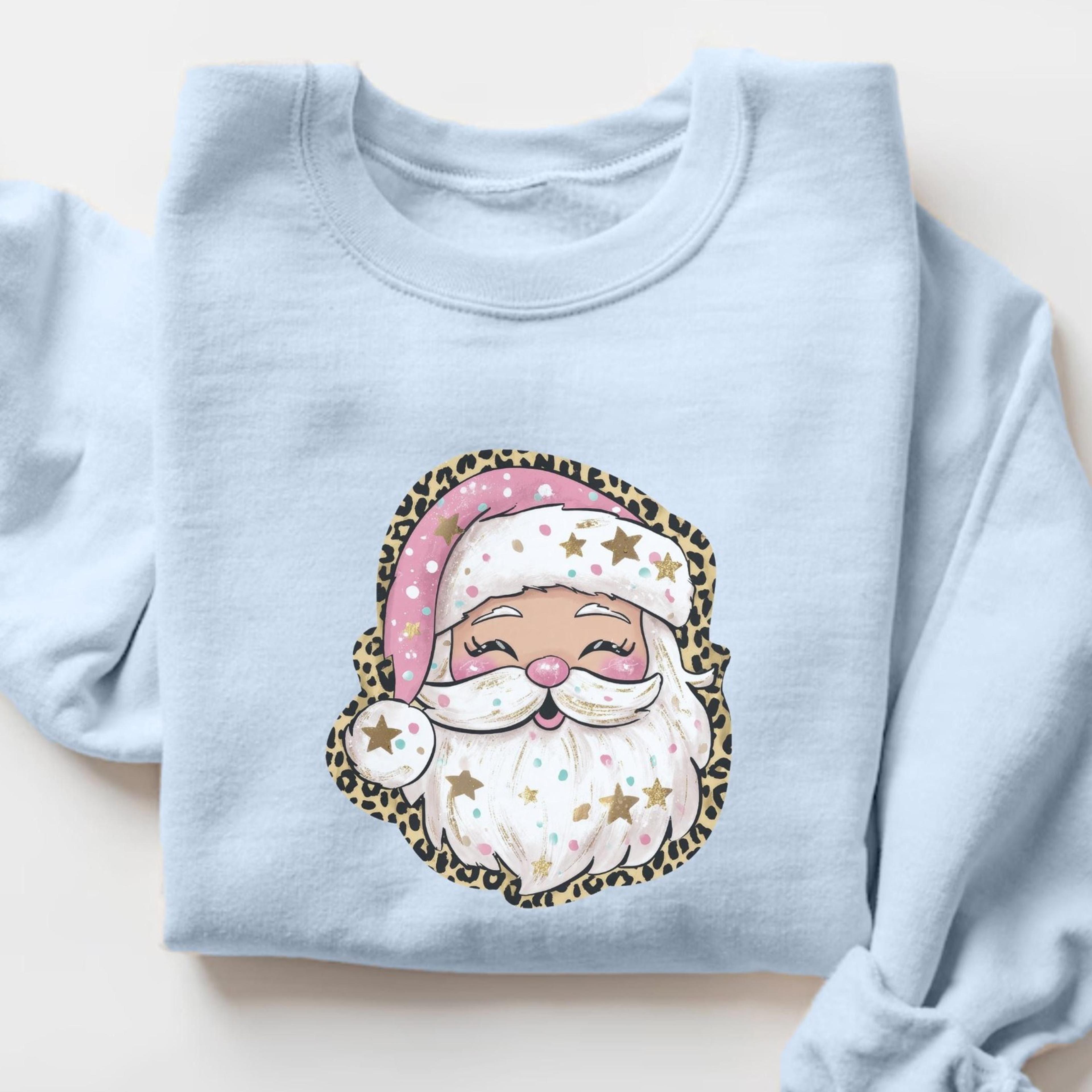 pink santa sweatshirt, leopard print holiday , cute christmas sweater, santa claus xmas shirt, leopard christmas