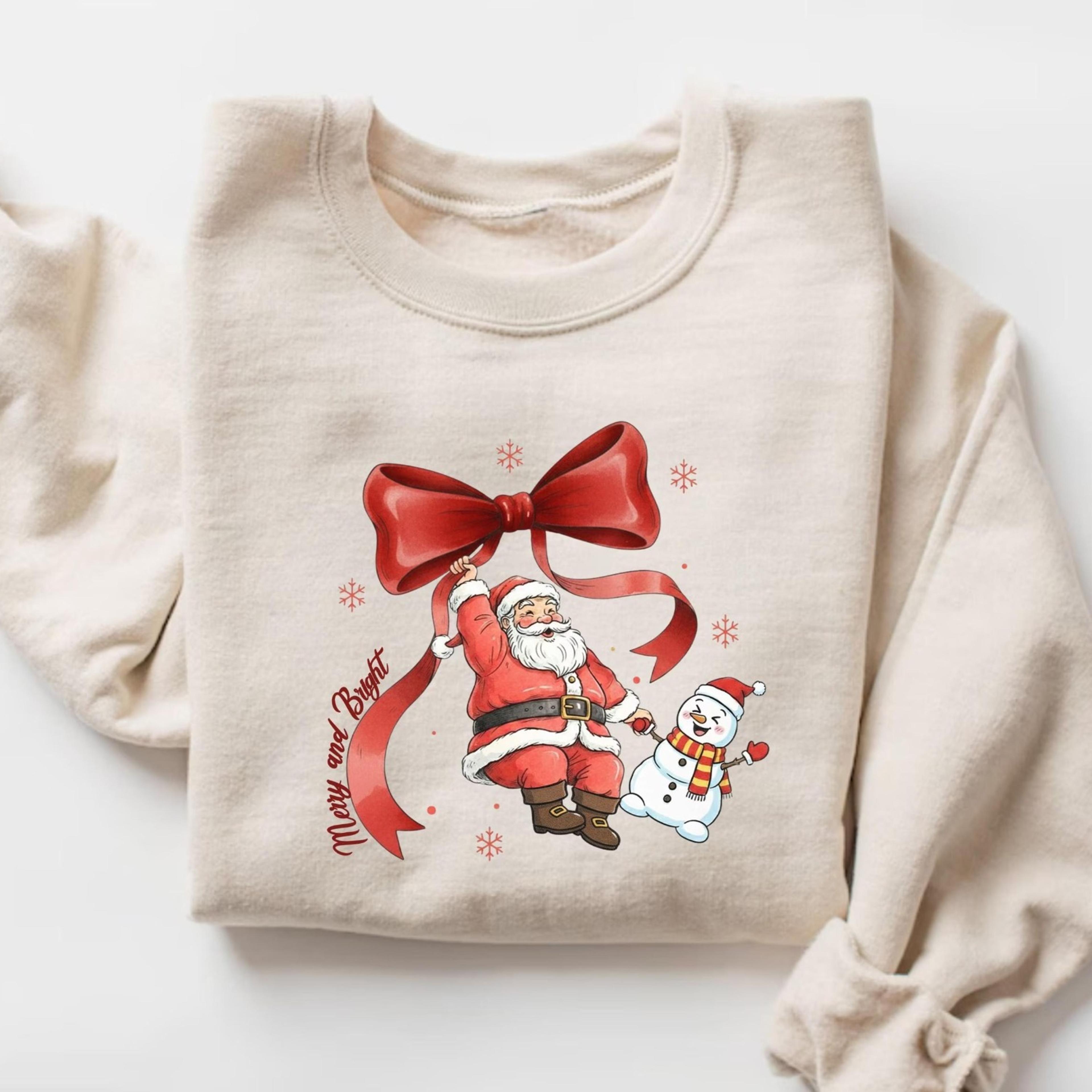 merry and bright santa sweatshirt, christmas tee, holiday snowman crewneck, festive retro xmas gift, retro christmas