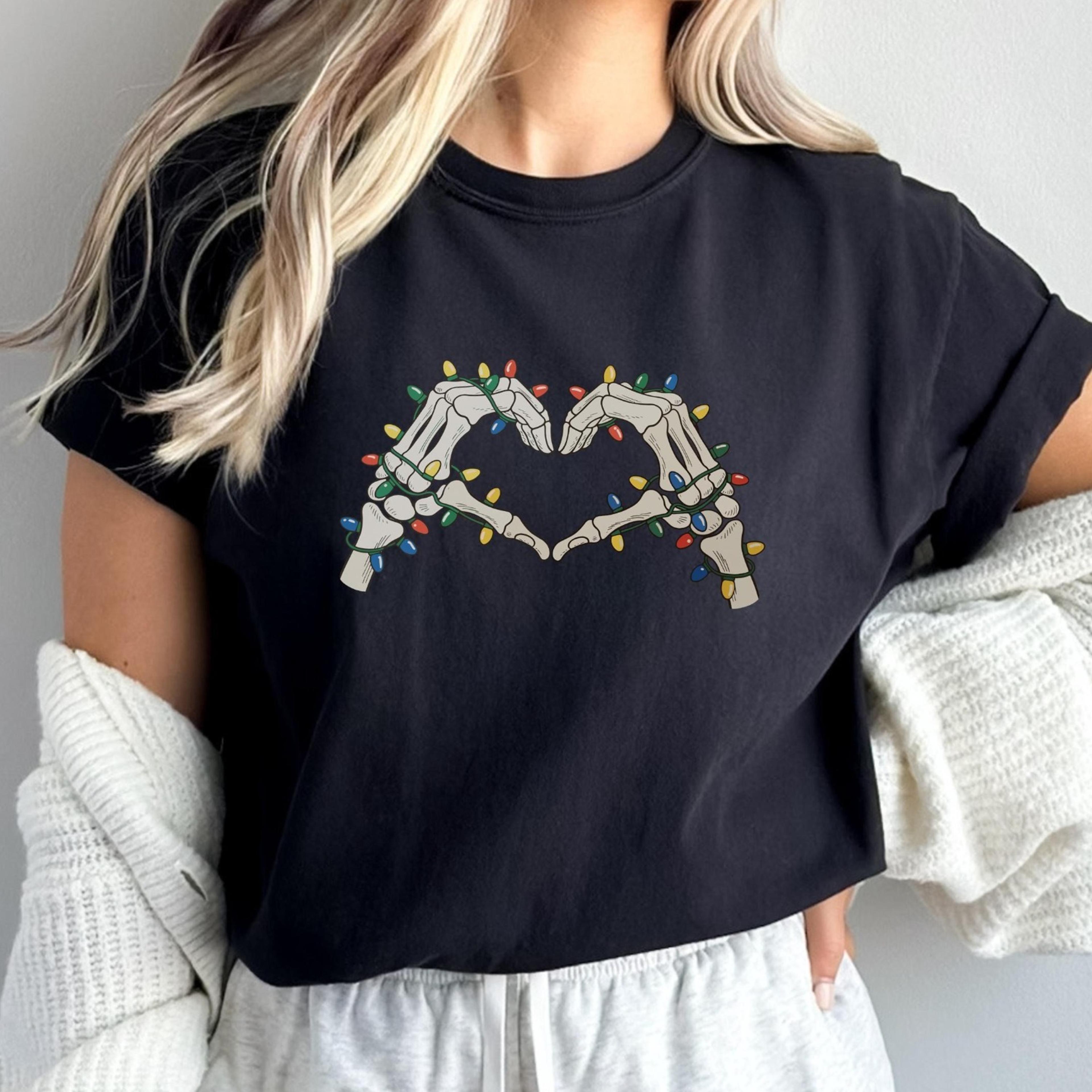 skeleton hands christmas sweatshirt, gothic holiday shirt, spooky christmas lights crewneck, alternative xmas gift