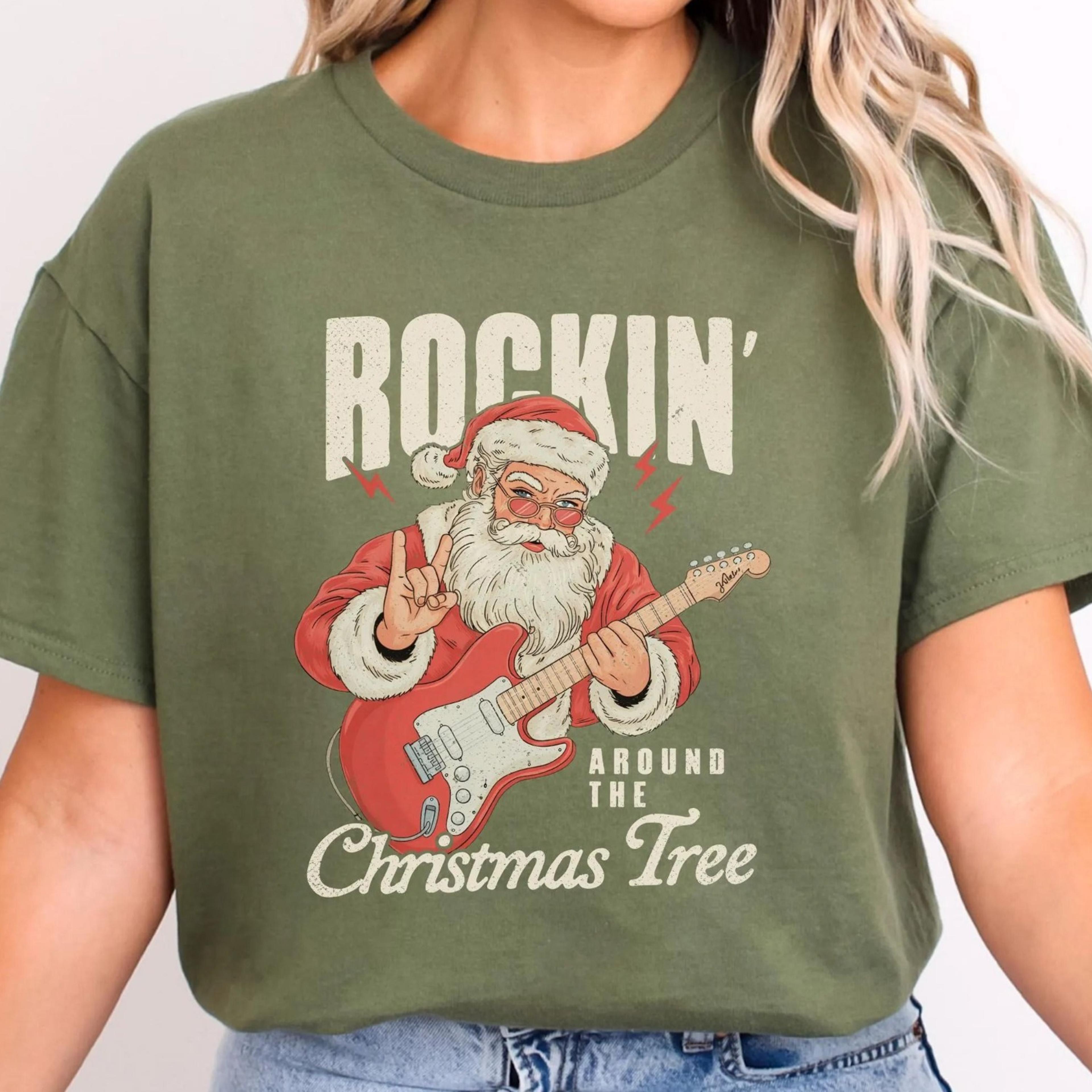 rockin around the christmas tree sweatshirt, retro santa rock music christmas tree, electric guitar christmas