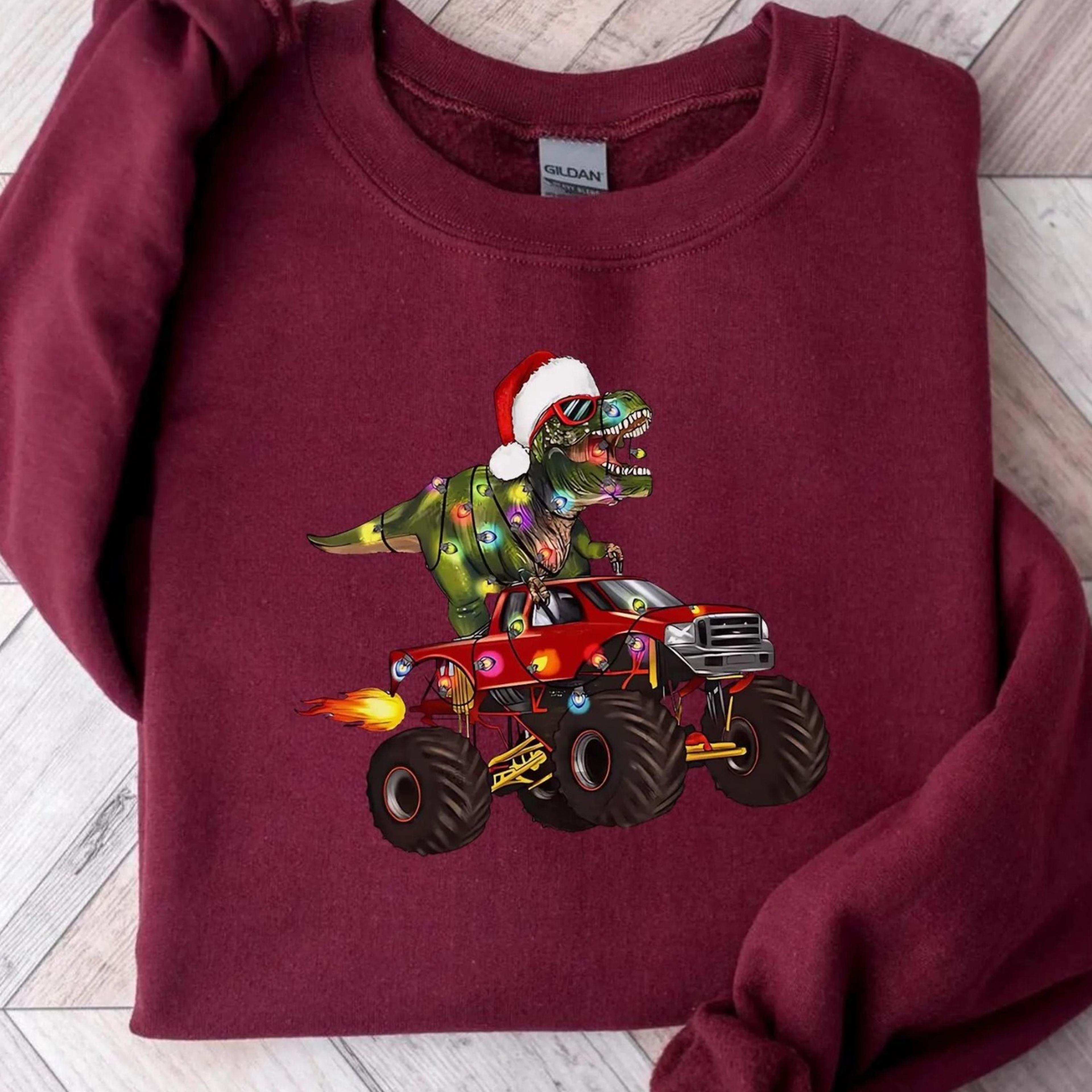 dinosaur monster truck christmas sweatshirt, funny t rex xmas shirt, holiday dino lover hoodie, cute kids christmas