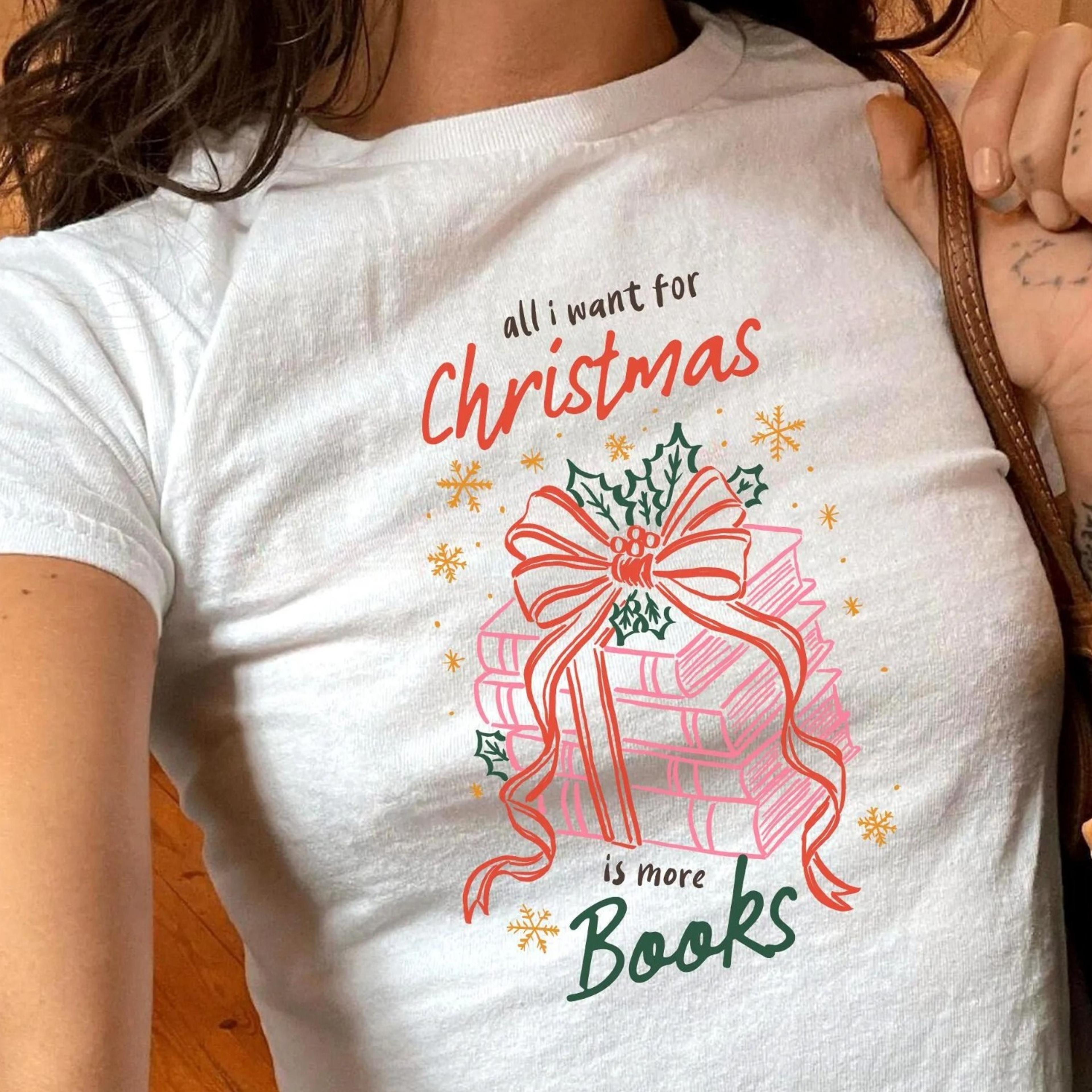books christmas baby tee, festive holiday top, womens christmas vibes outfit, y2k cropped top baby tee