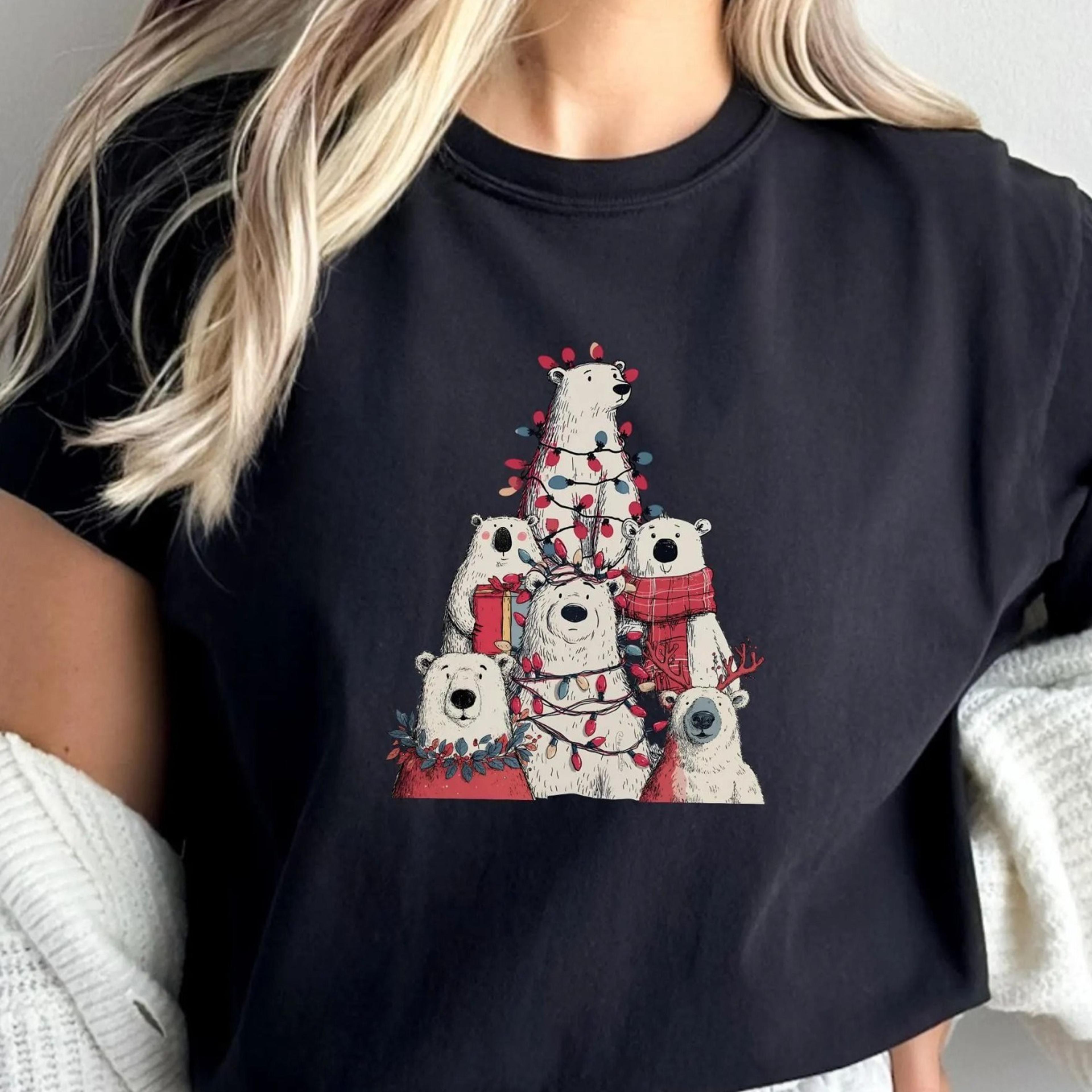 polar bear christmas sweatshirt, cute holiday animal shirt, festive winter lights crewneck, cozy christmas gift