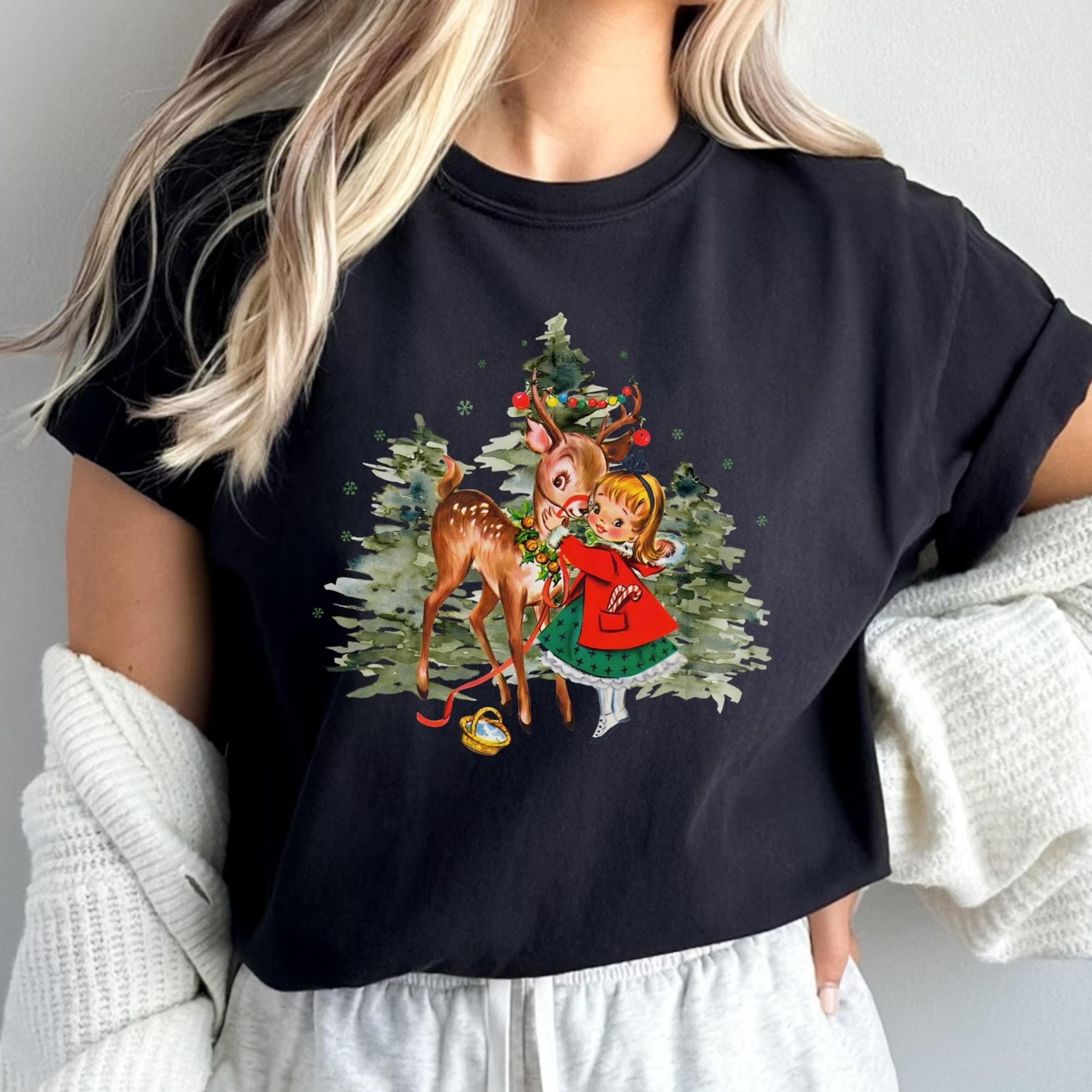 retro christmas girl and reindeer sweatshirt, vintage christmas girl and reindeer shirt, christmas tree sweater