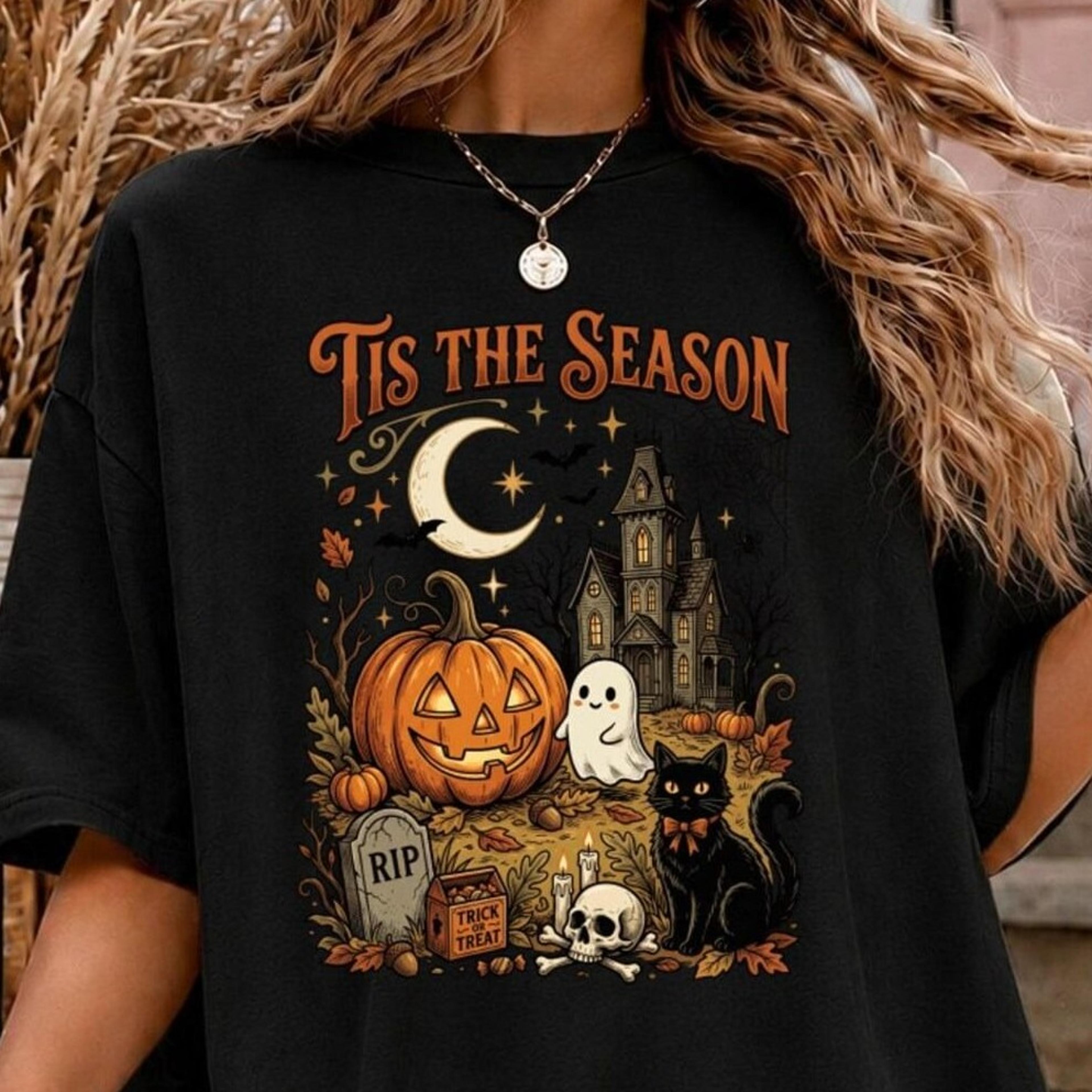 tis the season halloween comfort color tshirt, spooky haunted house graphic tee,