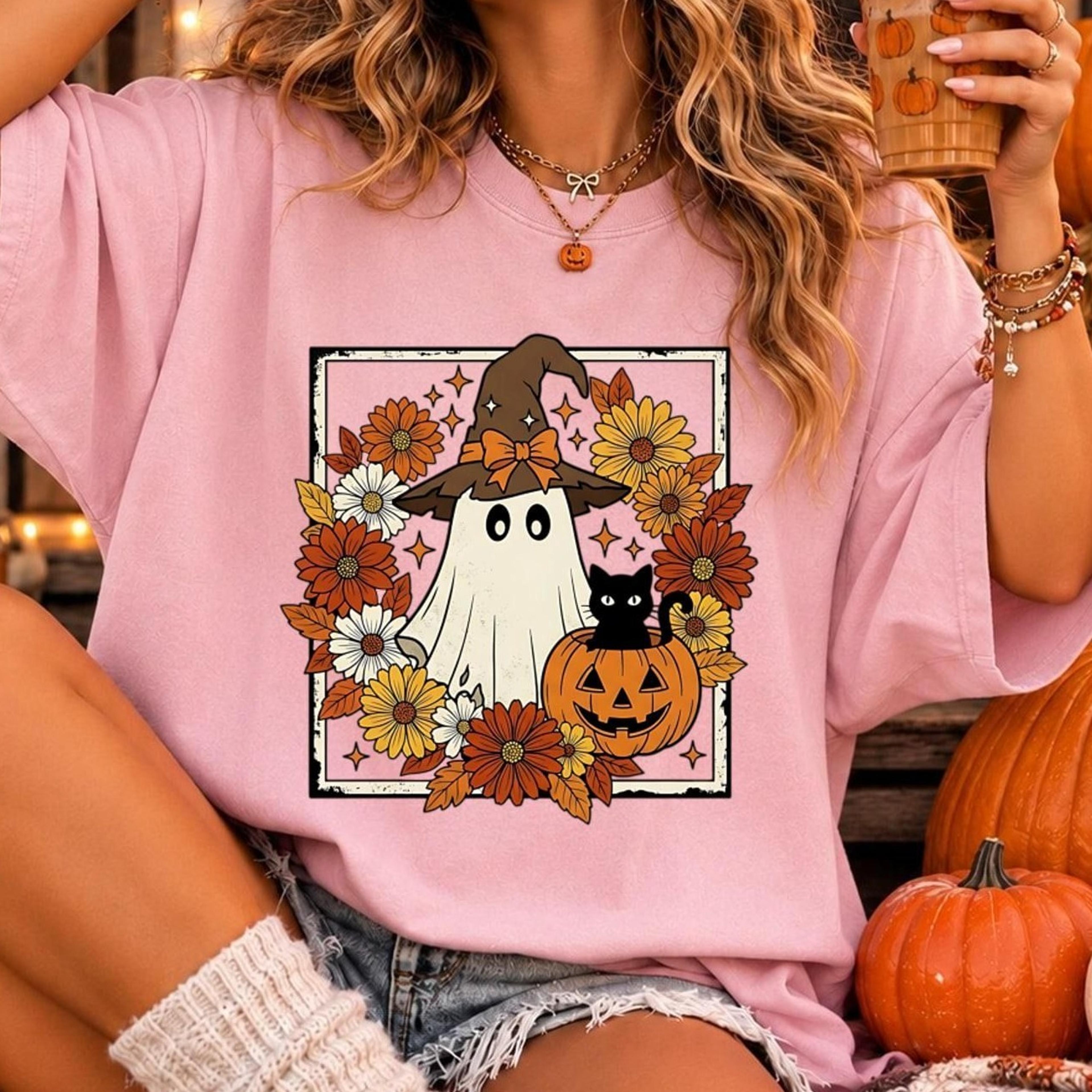 ghost pumpkin witch hat floral t-shirt, fall halloween graphic tee