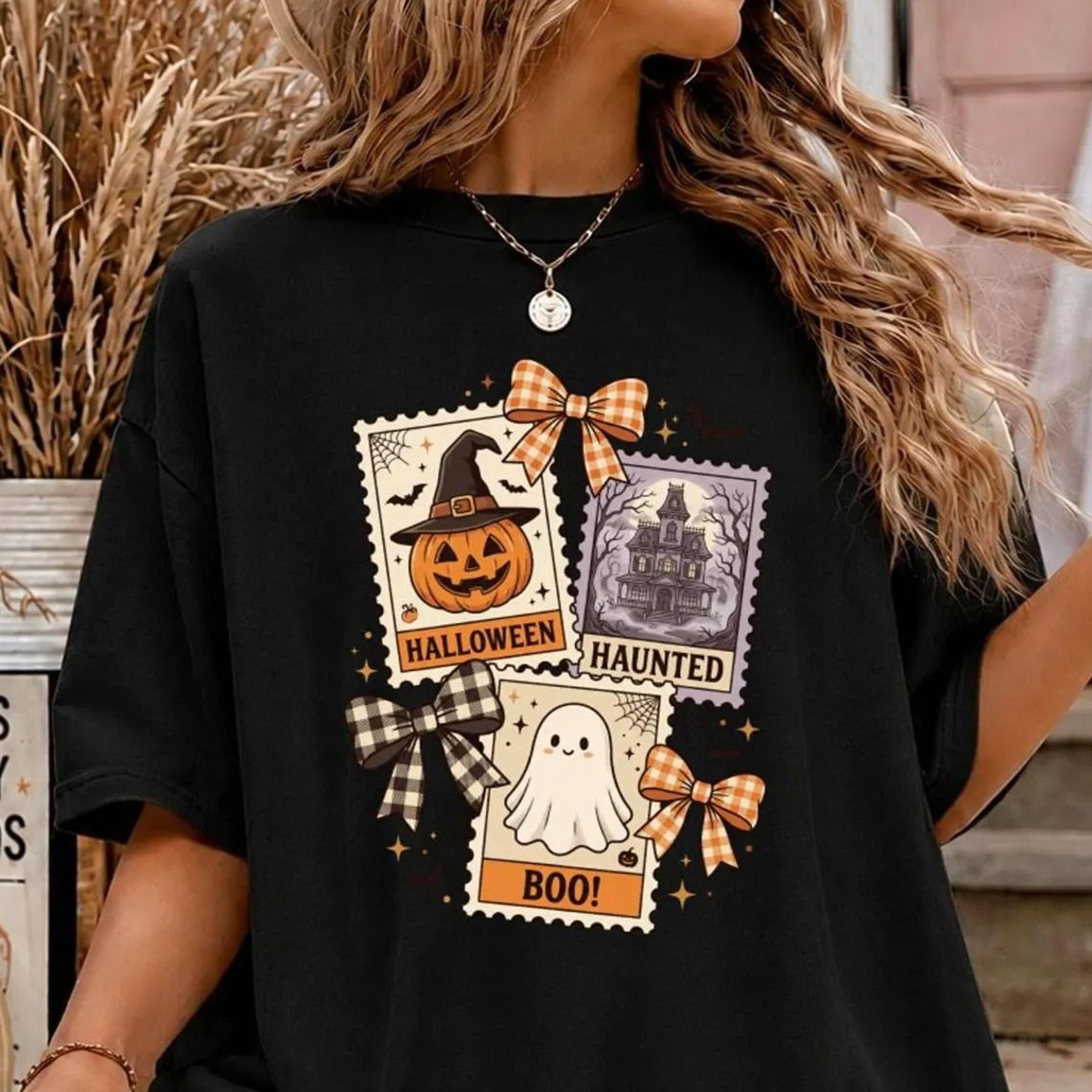 halloween t-shirt, vintage stamp graphic tee, spooky haunted house pumpkin ghost shirt