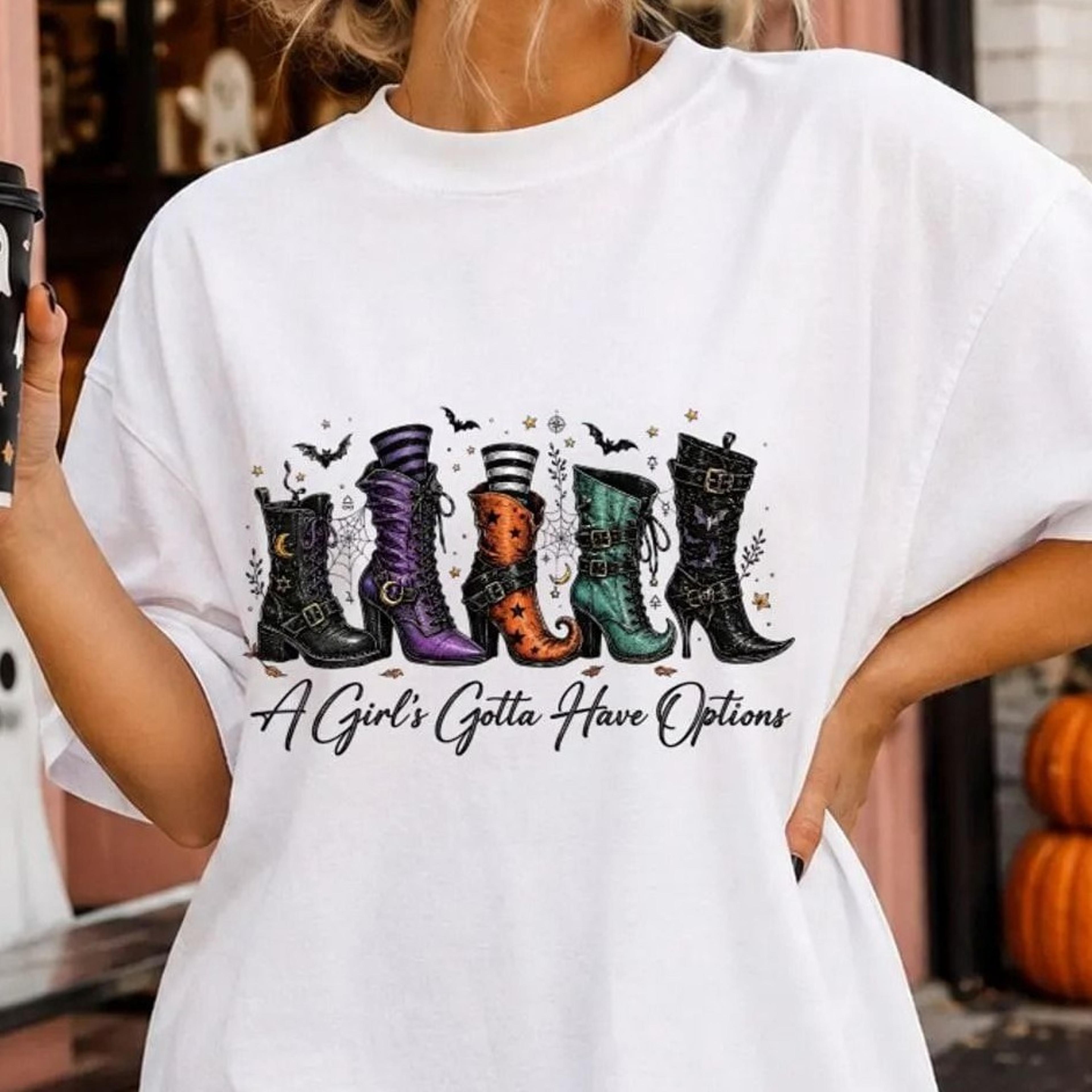 girls gotta have options witch boots halloween t-shirt, spooky