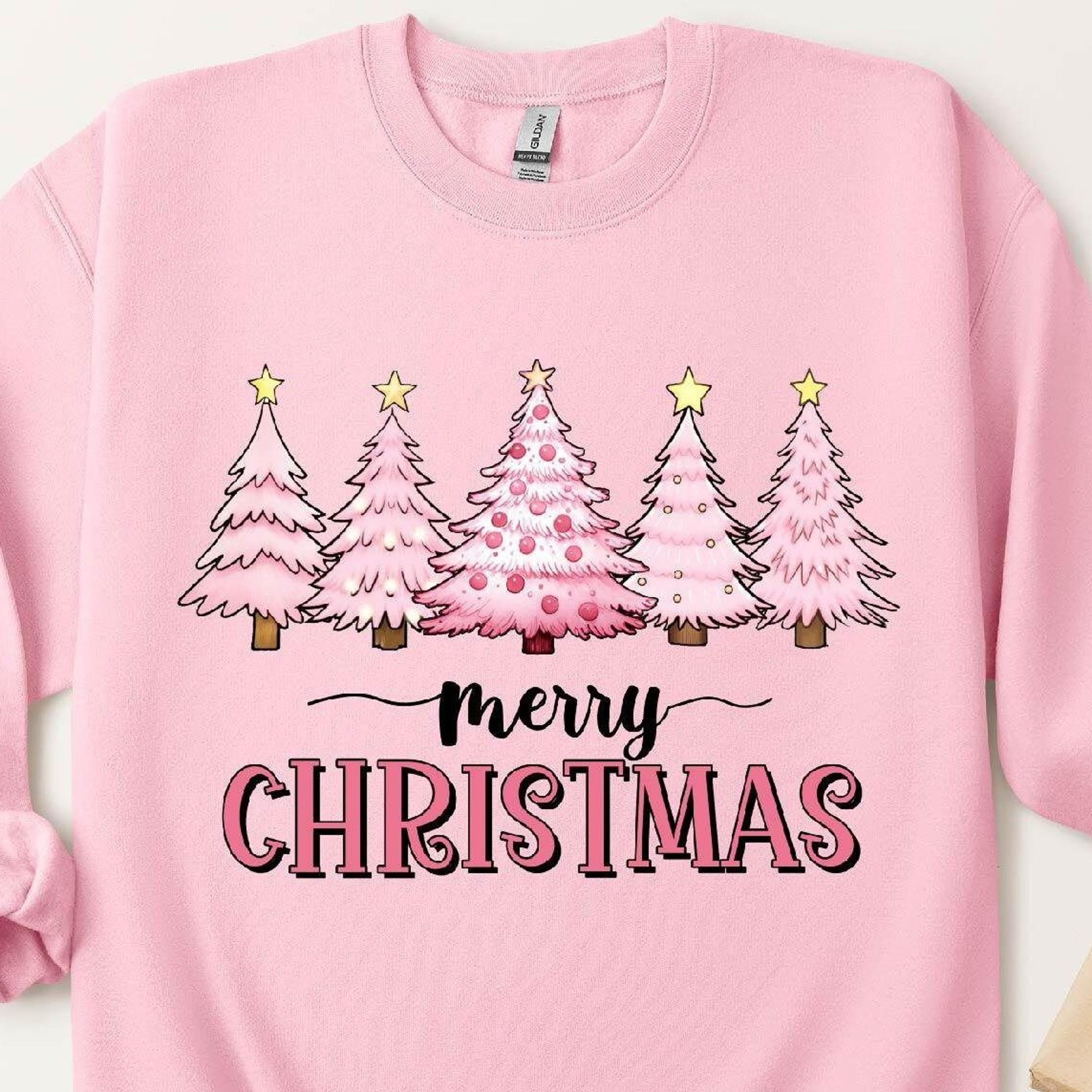pink christmas tree sweatshirt cozy holiday crewneck