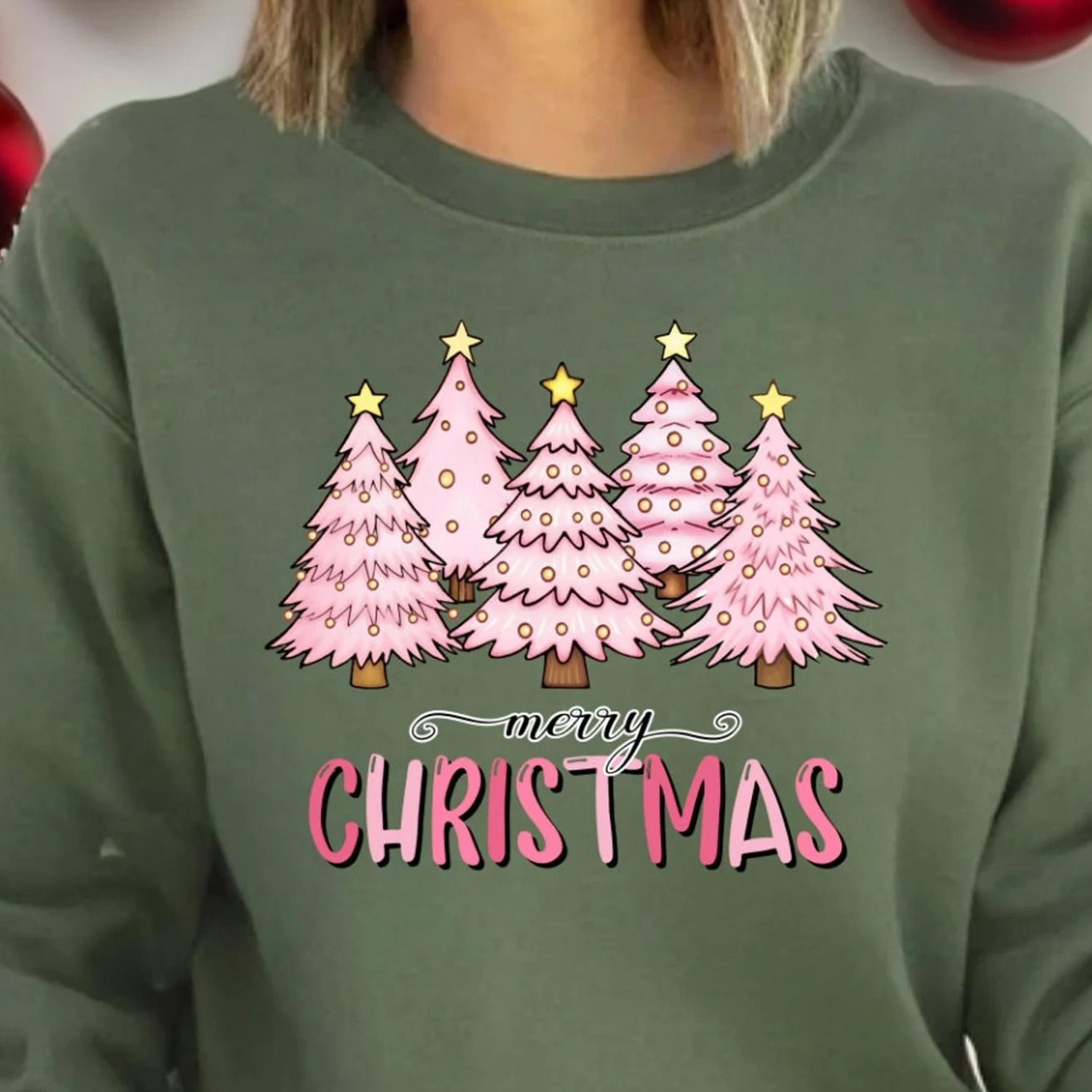 pink christmas tree shirt, holiday women's tee