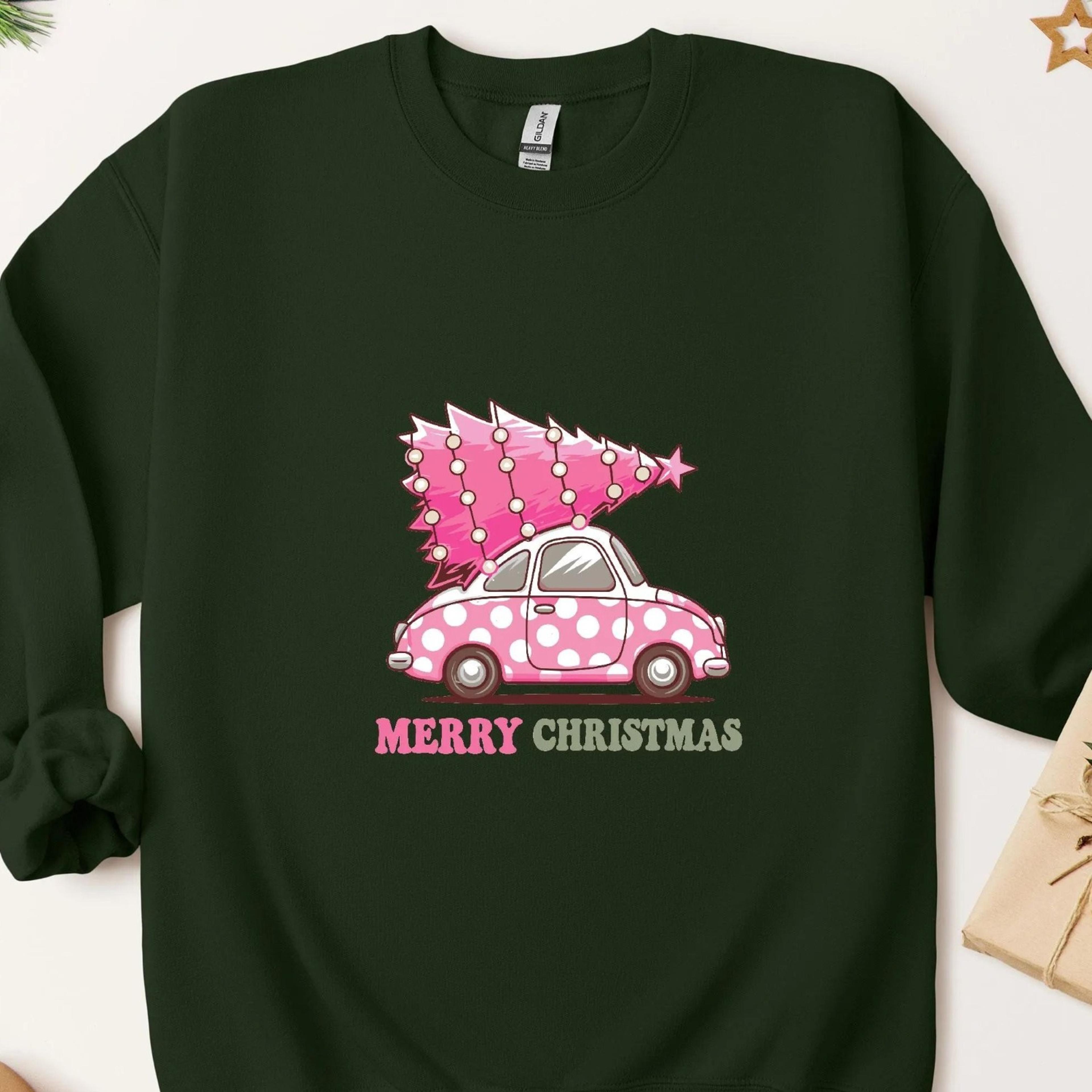 pink car christmas tree sweatshirt - festive holiday cheer