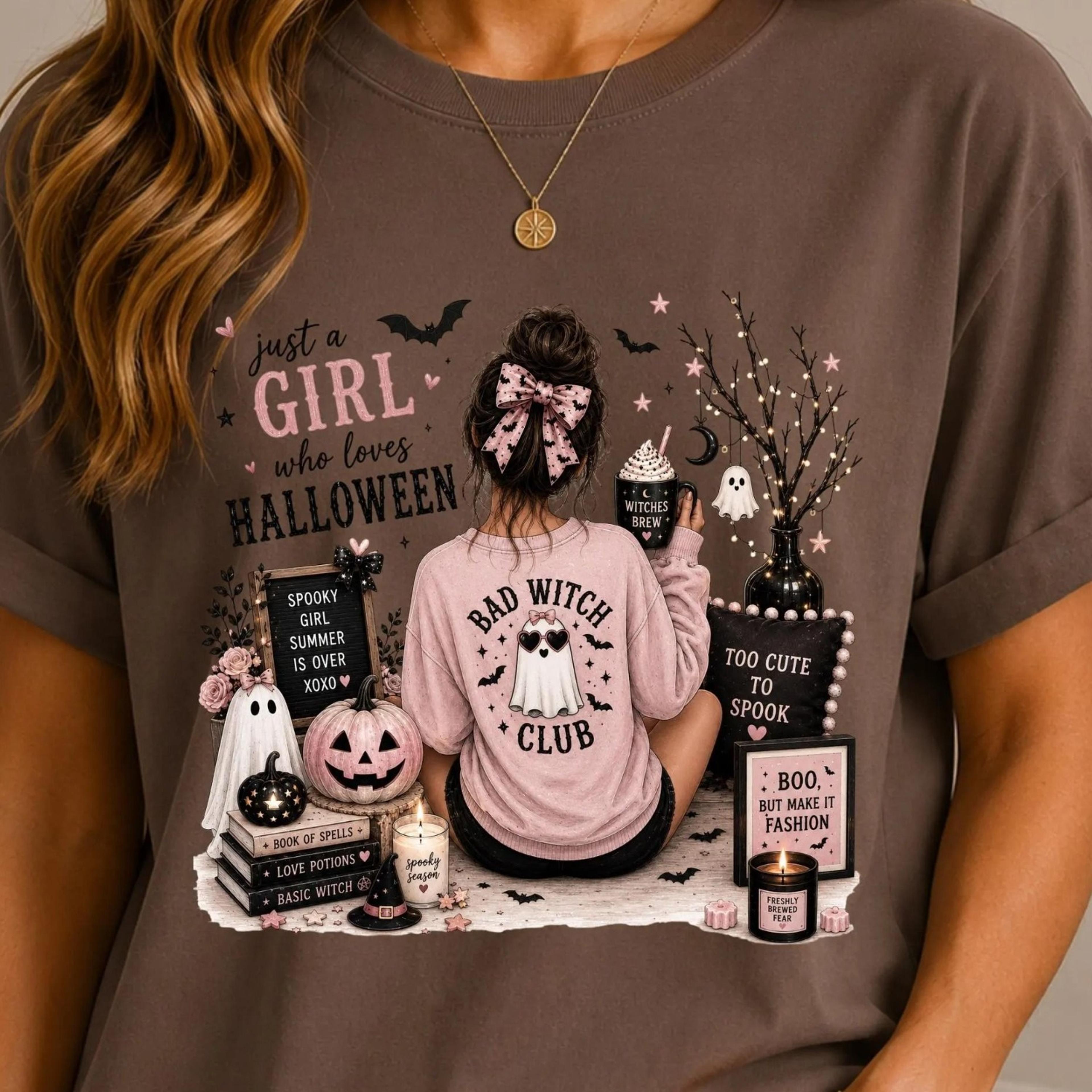girl who loves halloween t-shirt | bad witch club graphic, spooky pumpkin scene, girly halloween tee, fall graphic shirt