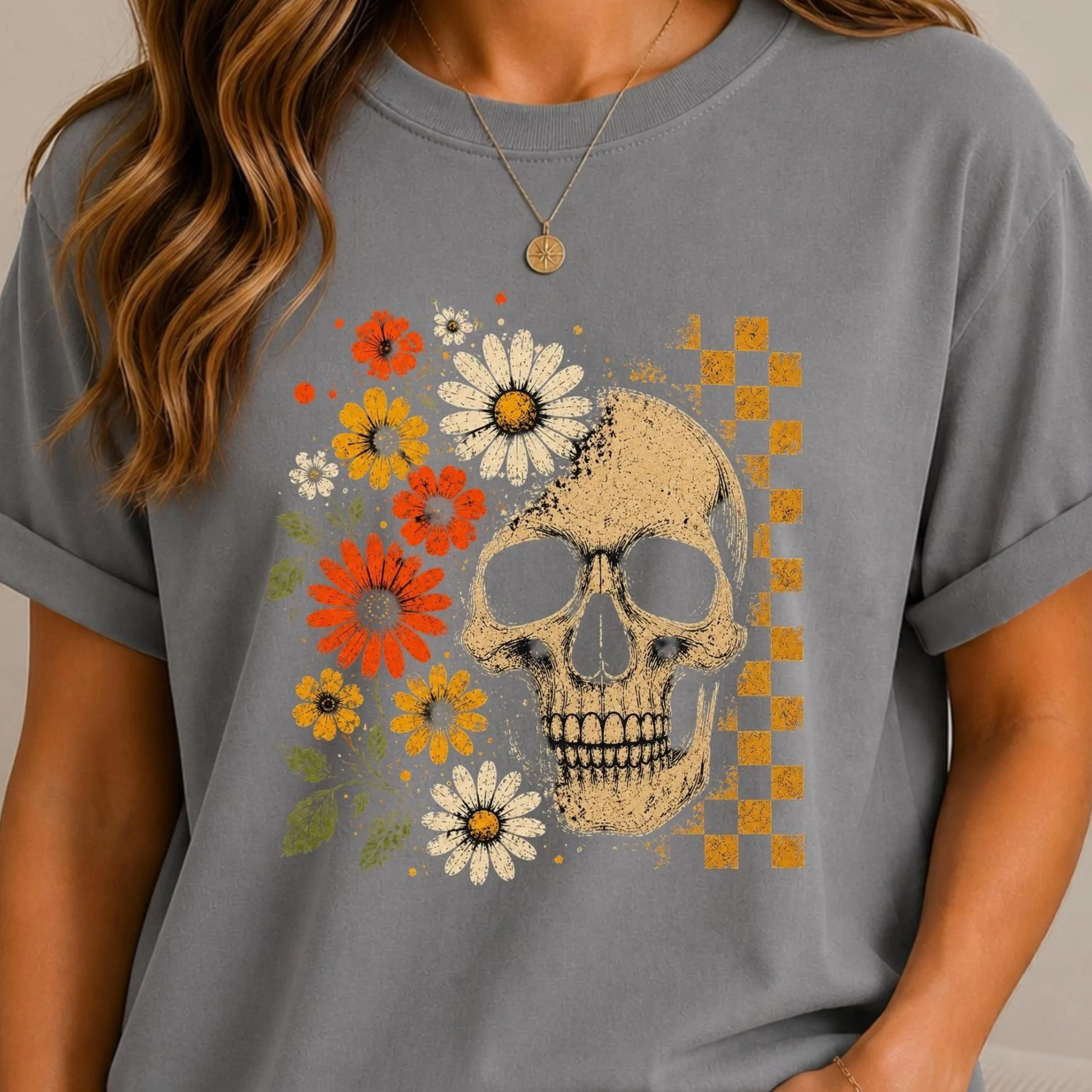boho skull graphic tee, vintage grunge tee, retro boho summerween shirt, cute spooky halloween tee, spooky summer shirt