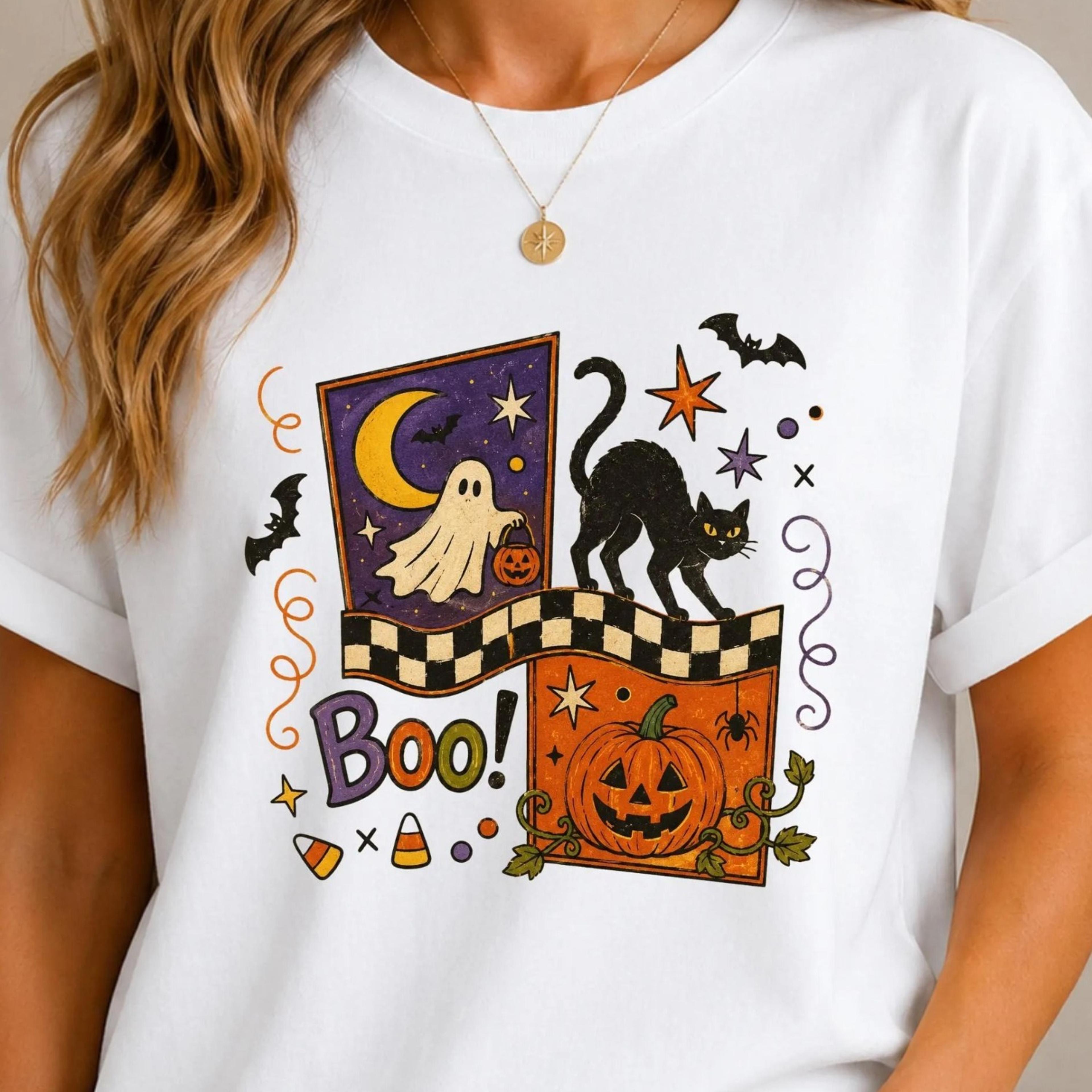 retro halloween shirt, halloween sweatshirt, vintage spooky season tee, crewneck, pumpkin ghost black cat fall graphic