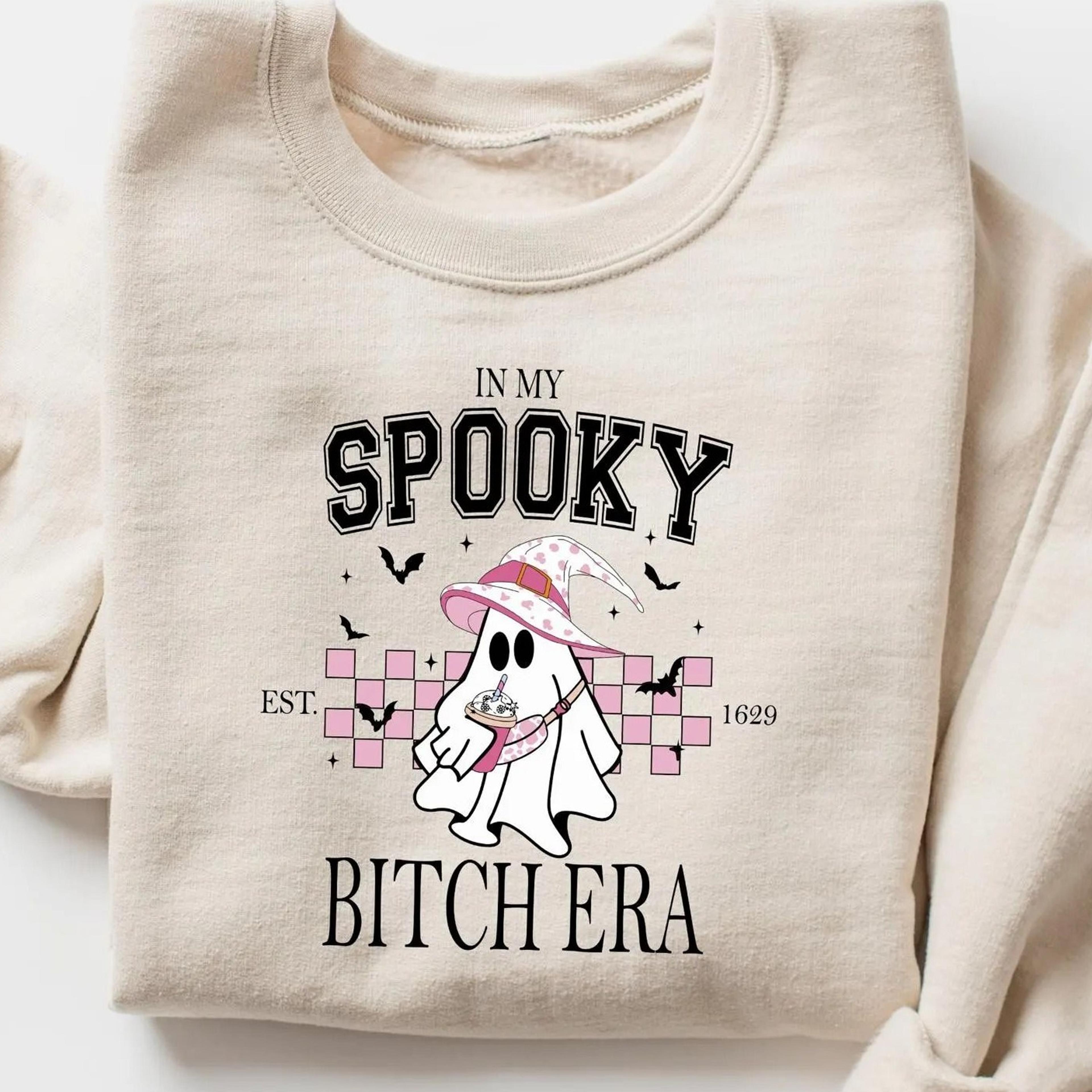 in my spooky bitch era sweatshirt, girly ghost halloween shirt, retro checkered pink ghost shirt, spooky vibes