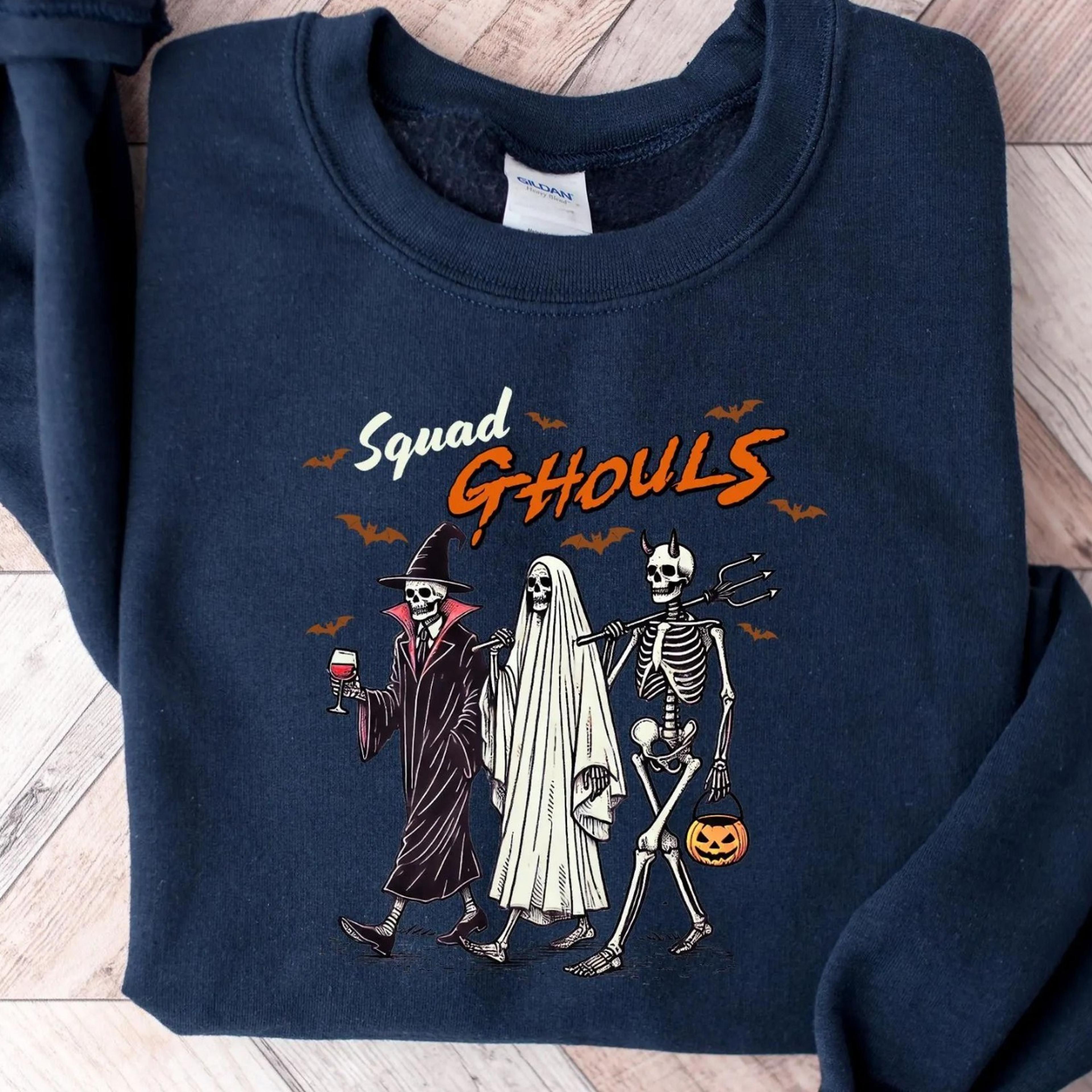 squad ghouls sweatshirt, witchy gift for friends,skeleton shirt for women,vintage halloween shirt for girls, trendy
