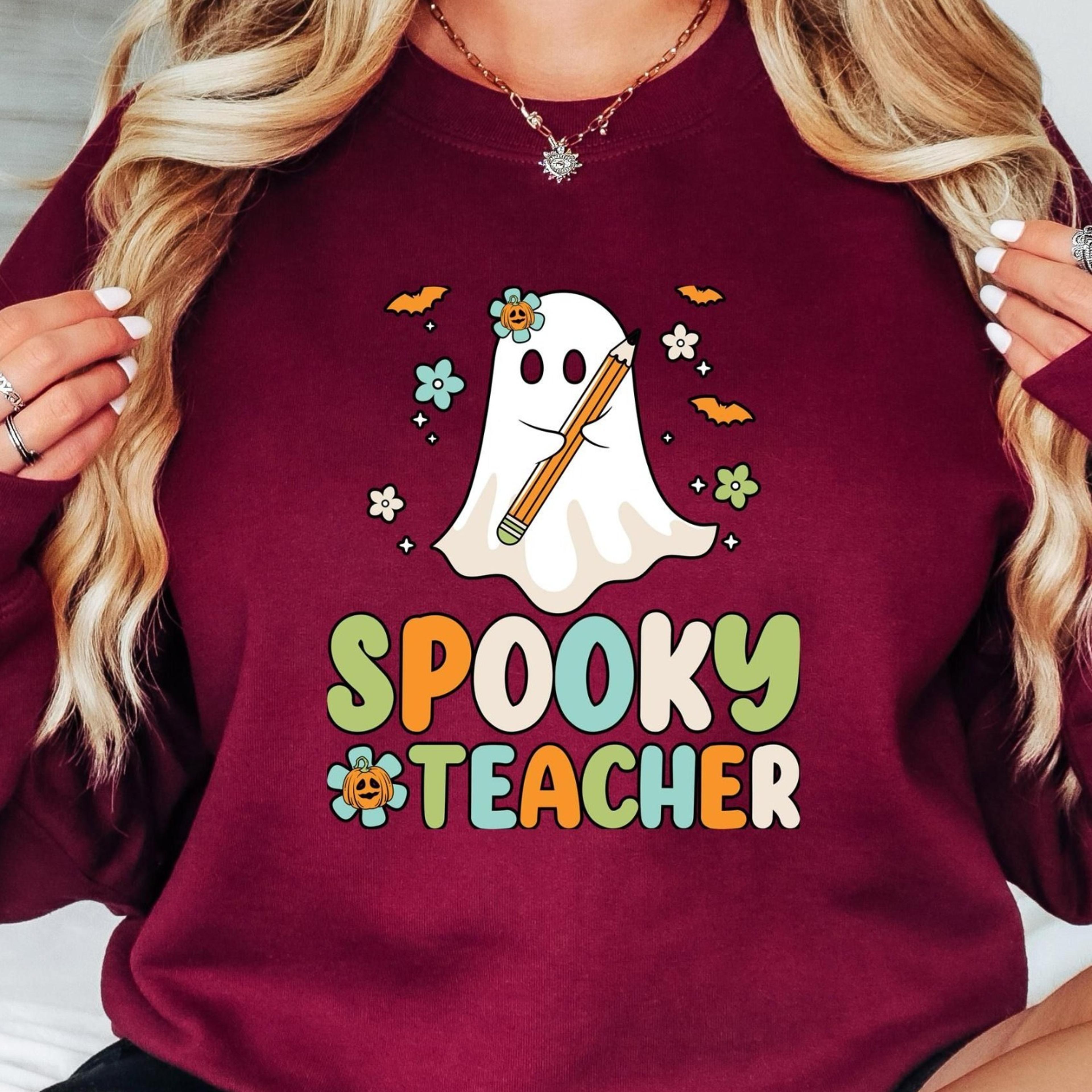 spooky teacher sweatshirt, teacher halloween shirt, retro halloween teacher shirt, ghost teacher pumpkin shirt