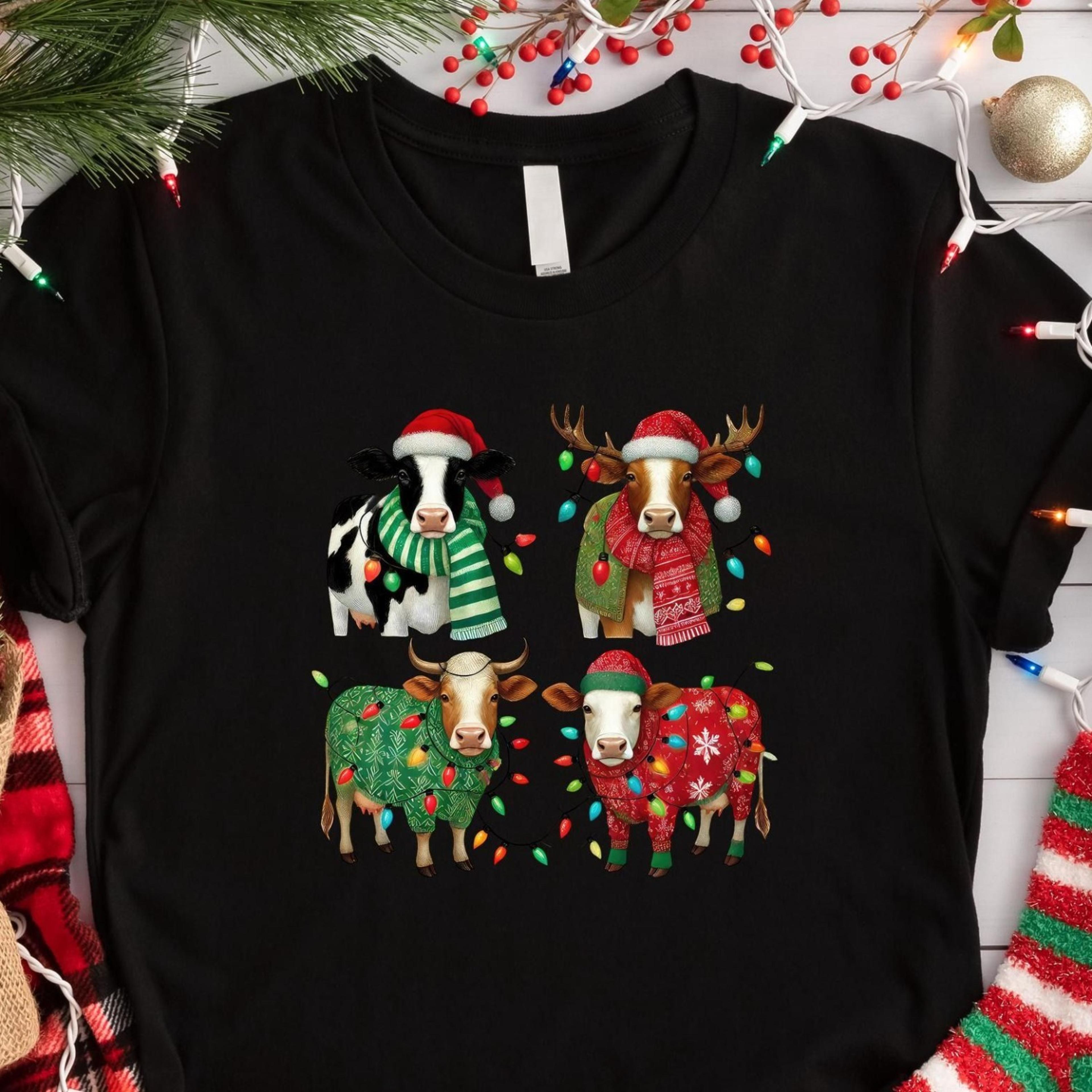 christmas cow sweatshirt, cow lights sweater, merry moo shirt, cow lover shirt, retro christmas sweatshirt, highland cow