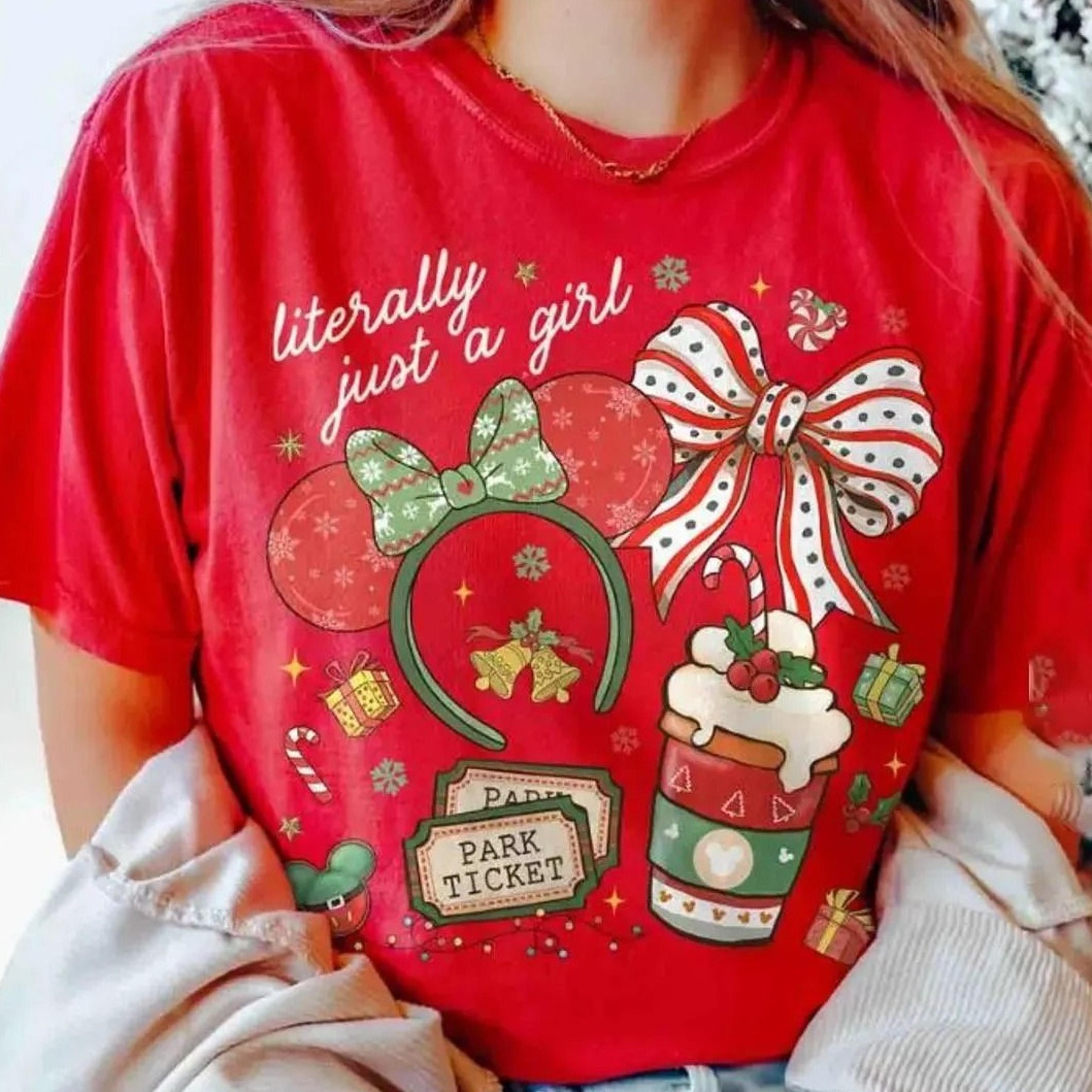 disney literally just a girl christmas shirt minnie bow coffee tee, disney merry christmas shirt disneyland christmas