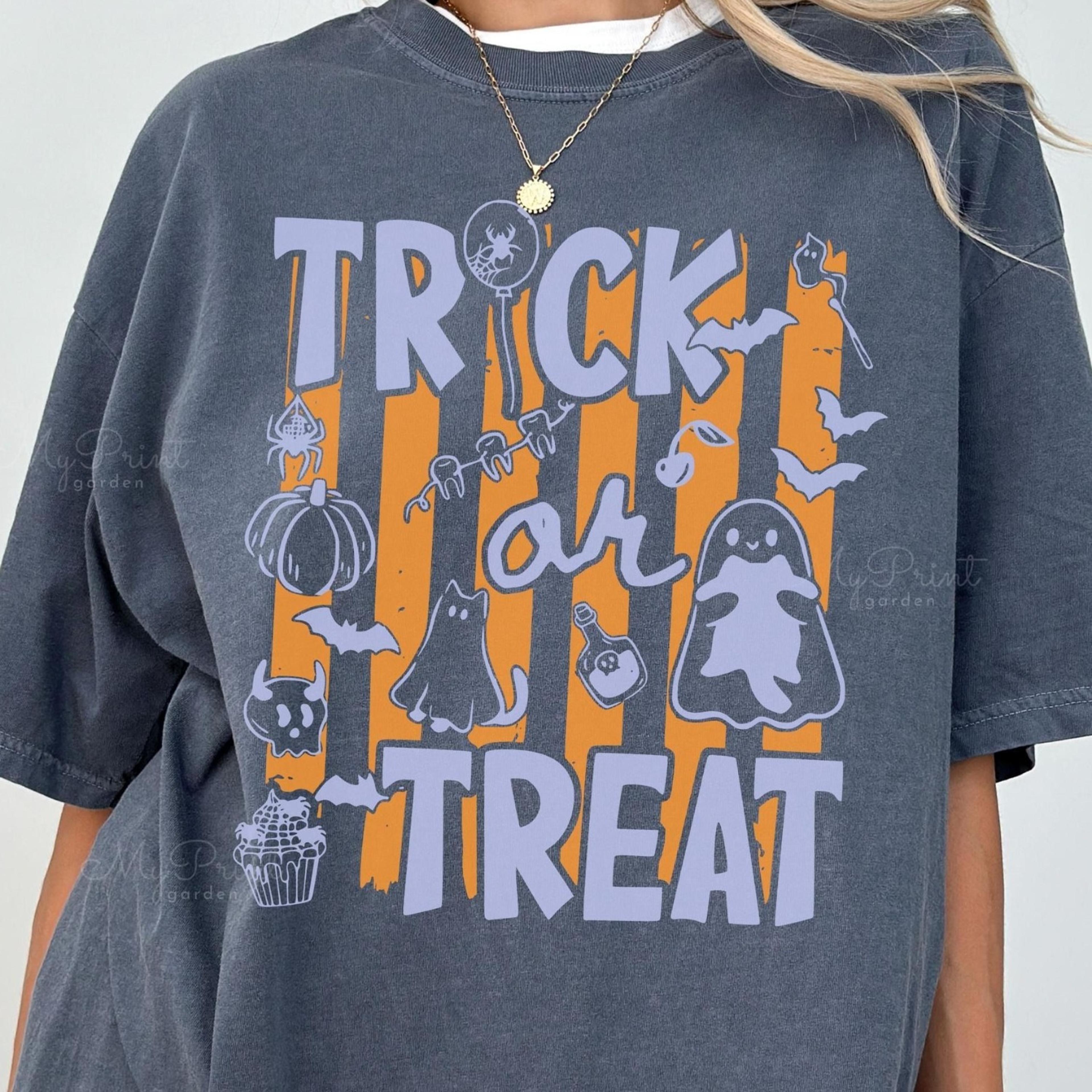 trick or treat halloween graphic tshirt, fall ghost black cat tshirt, striped retro pumpkin tshirt