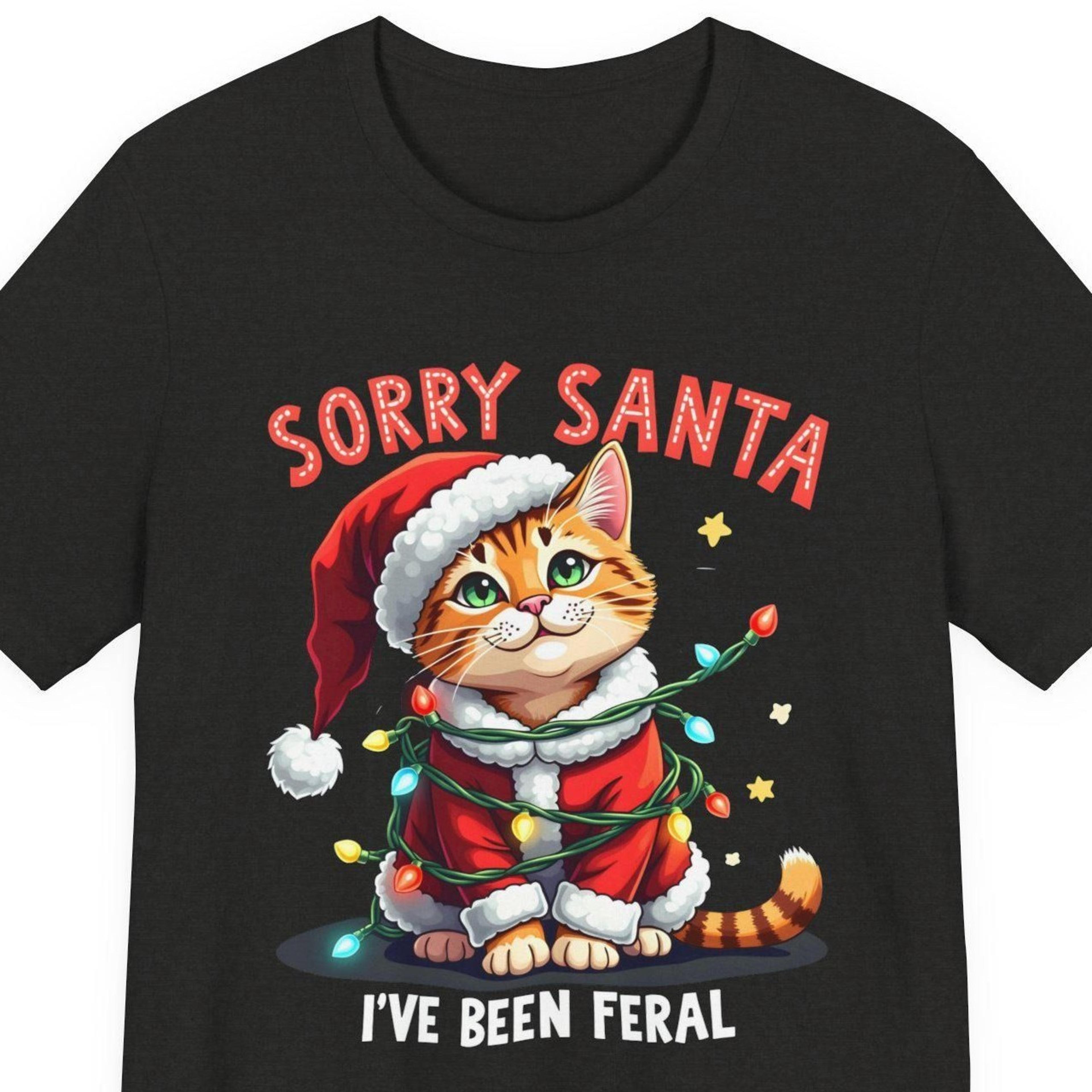 cute cat christmas shirt, sorry santa ive been feral tshirt, funny christmas cat shirt