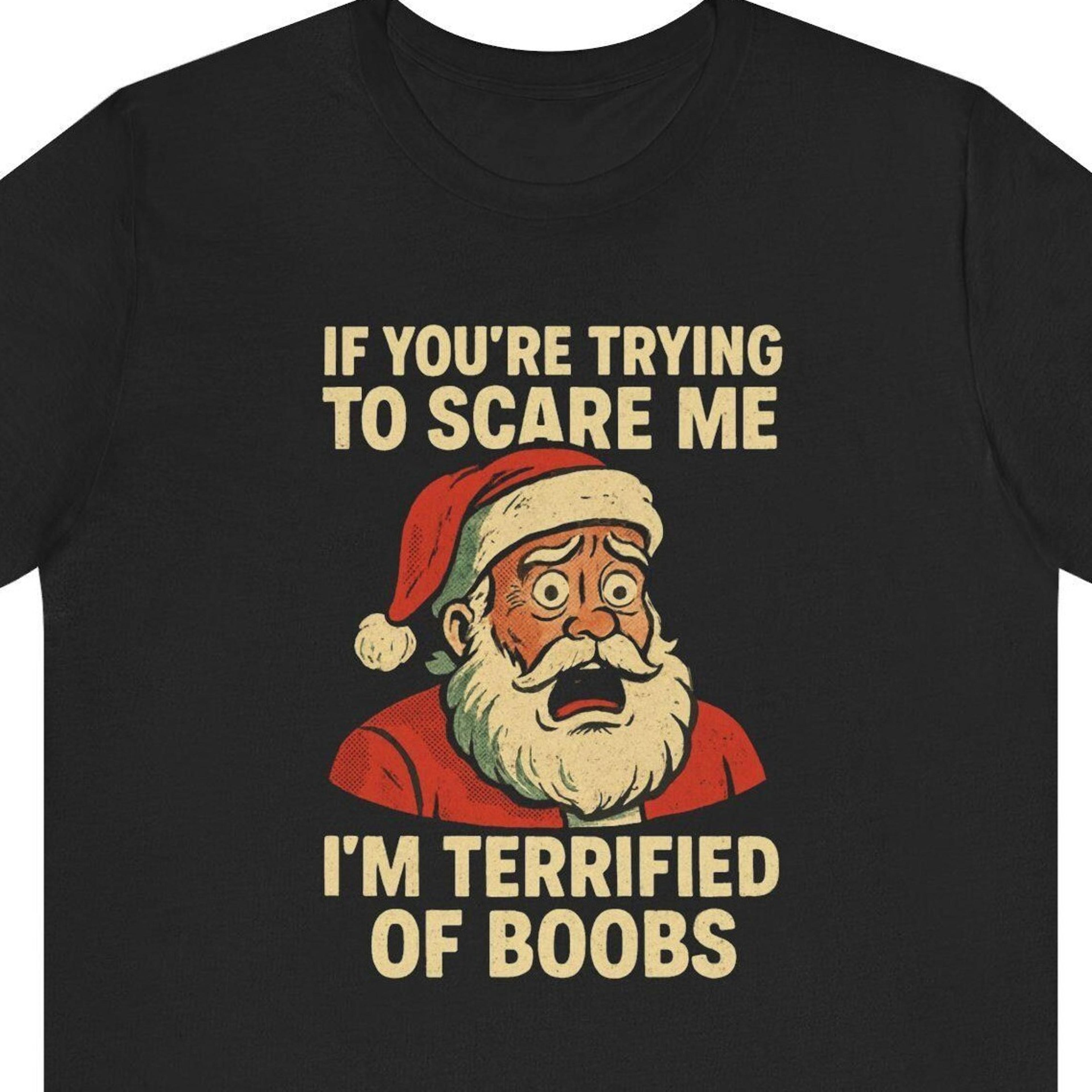 adult humor christmas tee, funny christmas shirt for men, funny gag gift, im terrified of boobs santa shirt