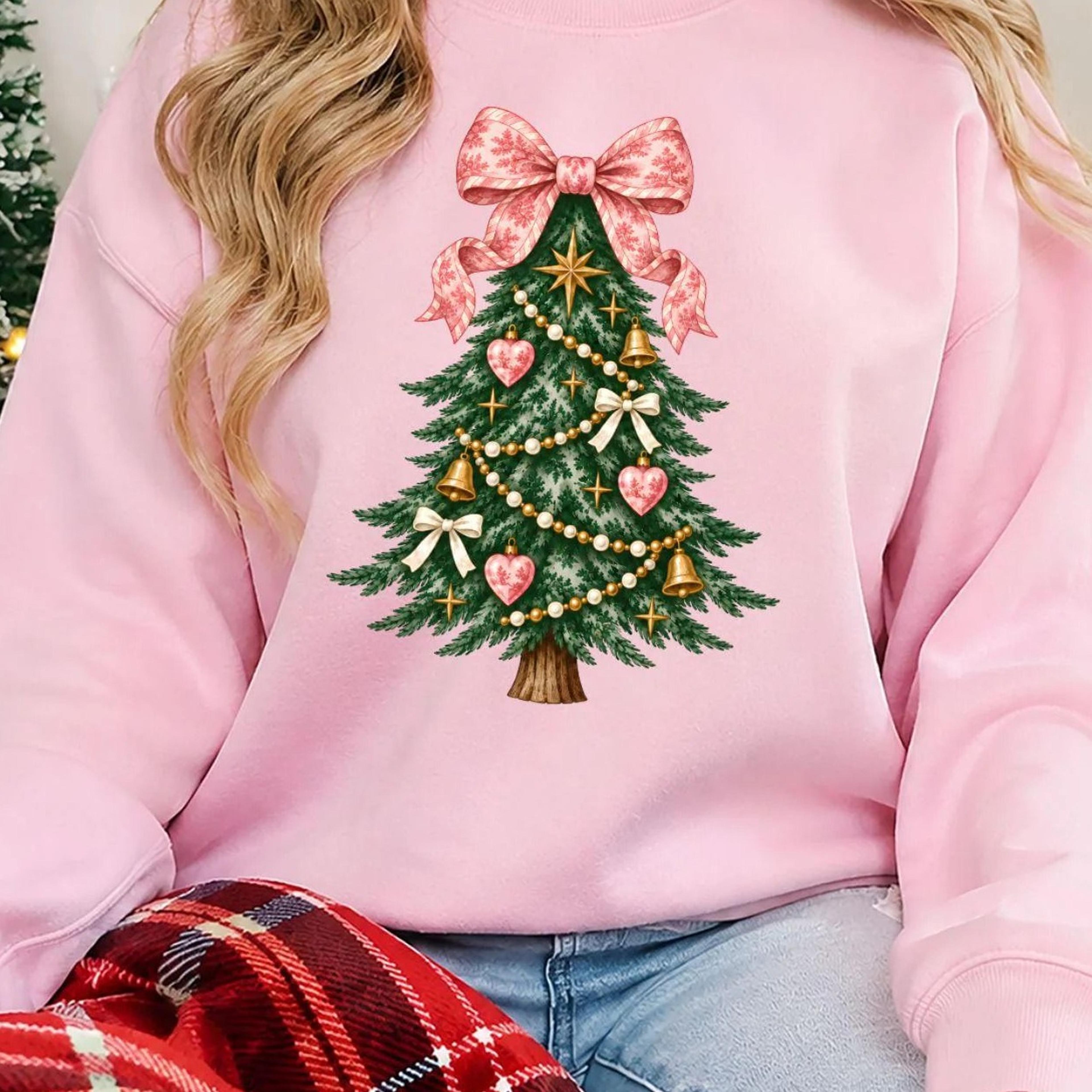 coquette christmas tree sweatshirt, pink bow aesthetic jumper, cute girly xmas top, soft girl christmas