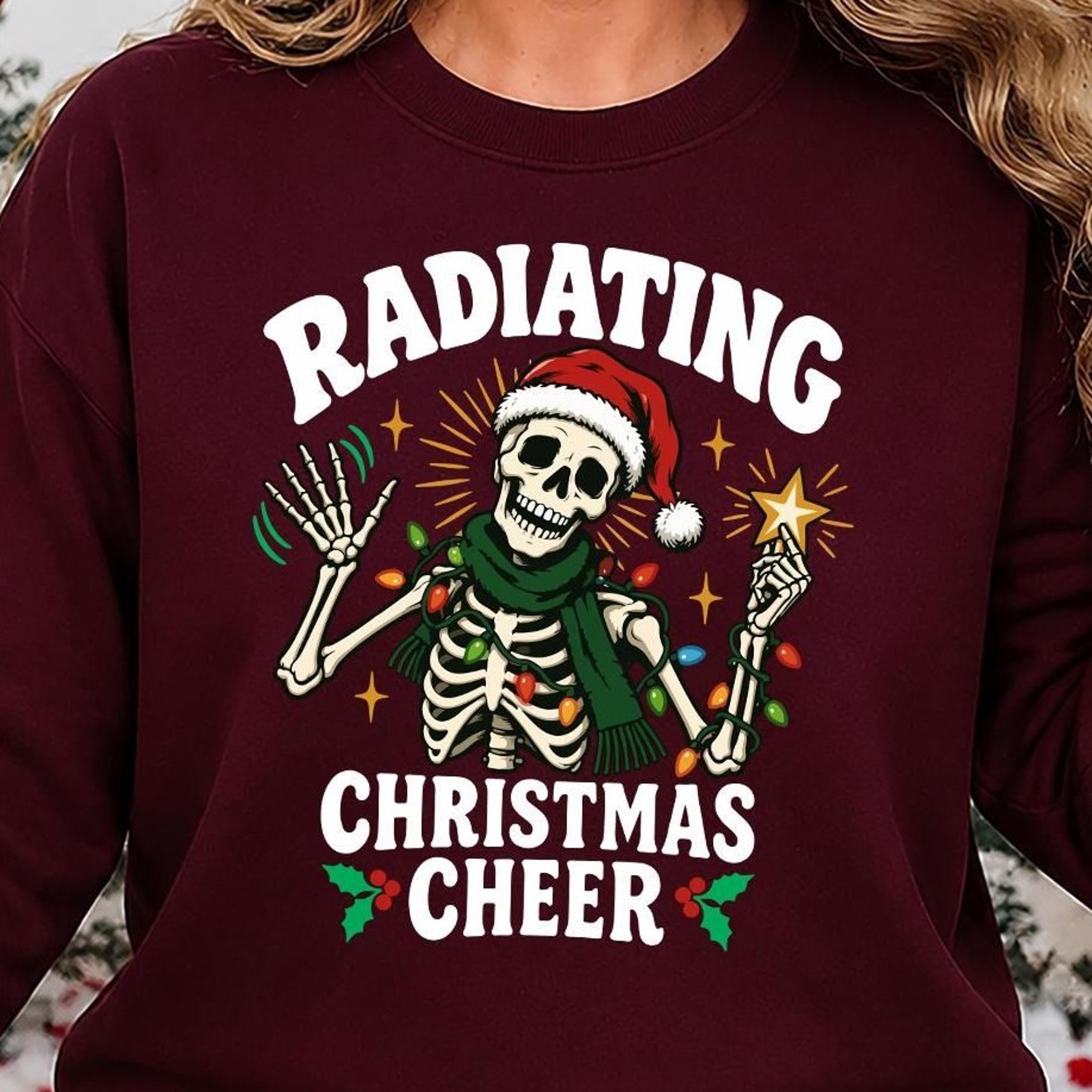 radiating christmas cheer sweatshirt, funny skeleton santa hat jumper, spooky xmas skull top, sarcastic christmas gift