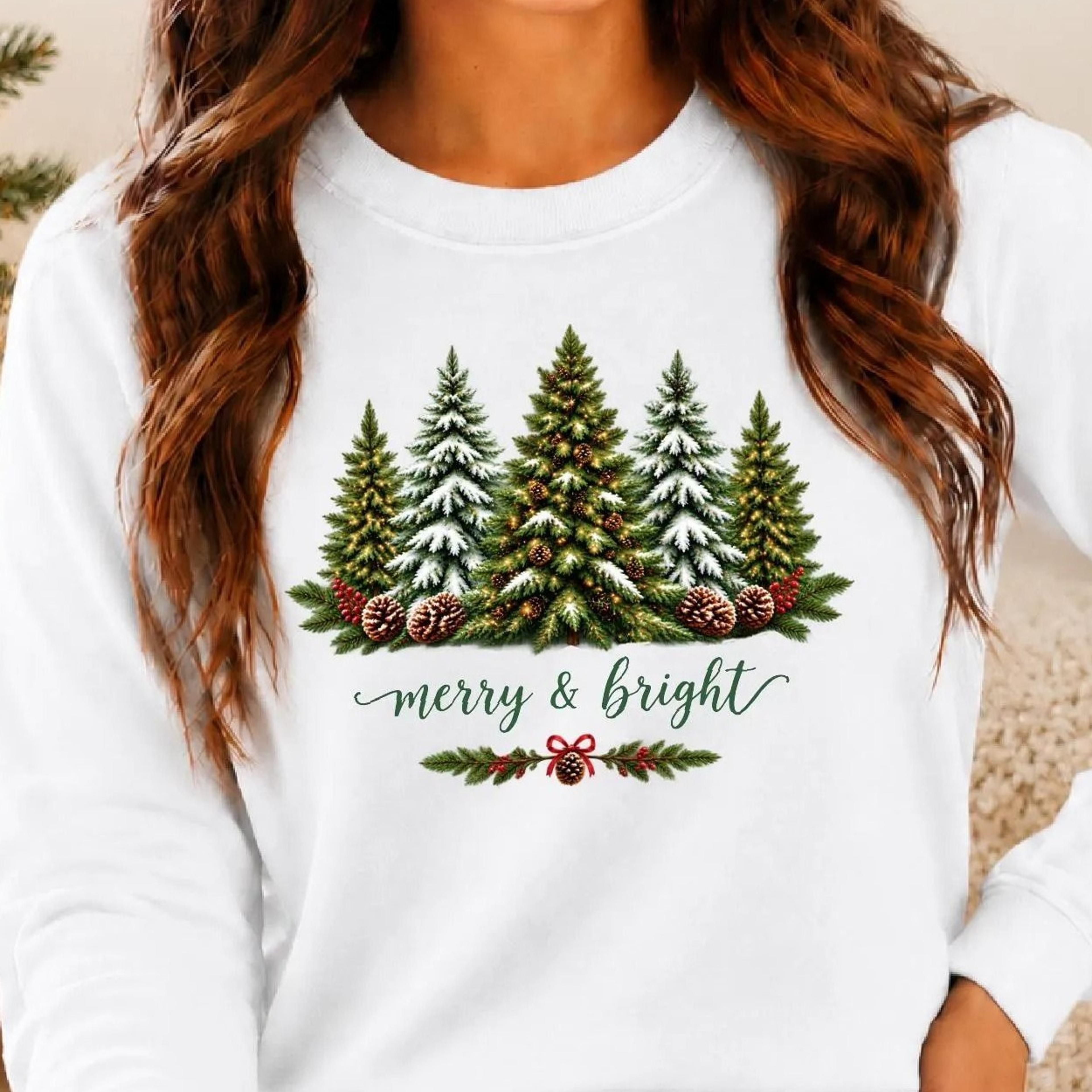 merry and bright sweatshirt, rustic christmas tree crewneck, cozy xmas trees sweater, womens holiday gift