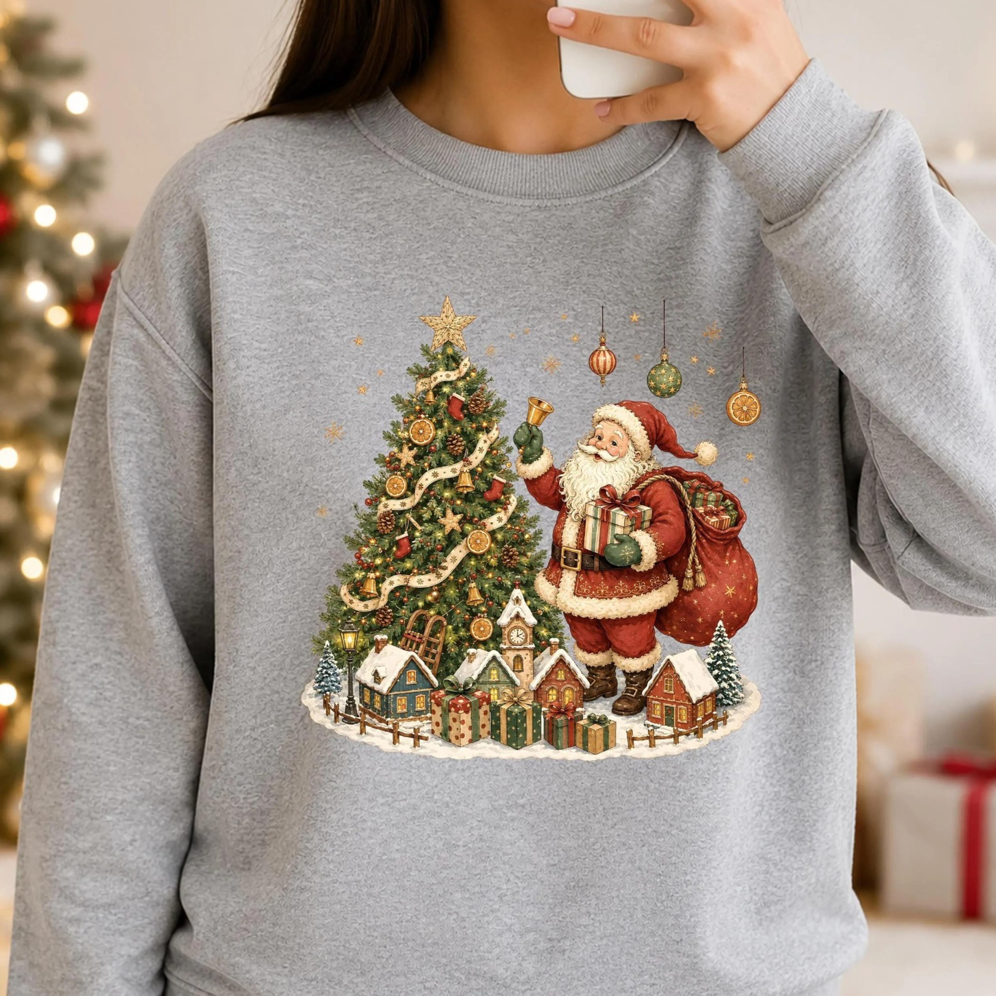 vintage santa christmas sweatshirt, retro santa claus crewneck, nostalgic xmas tree sweater